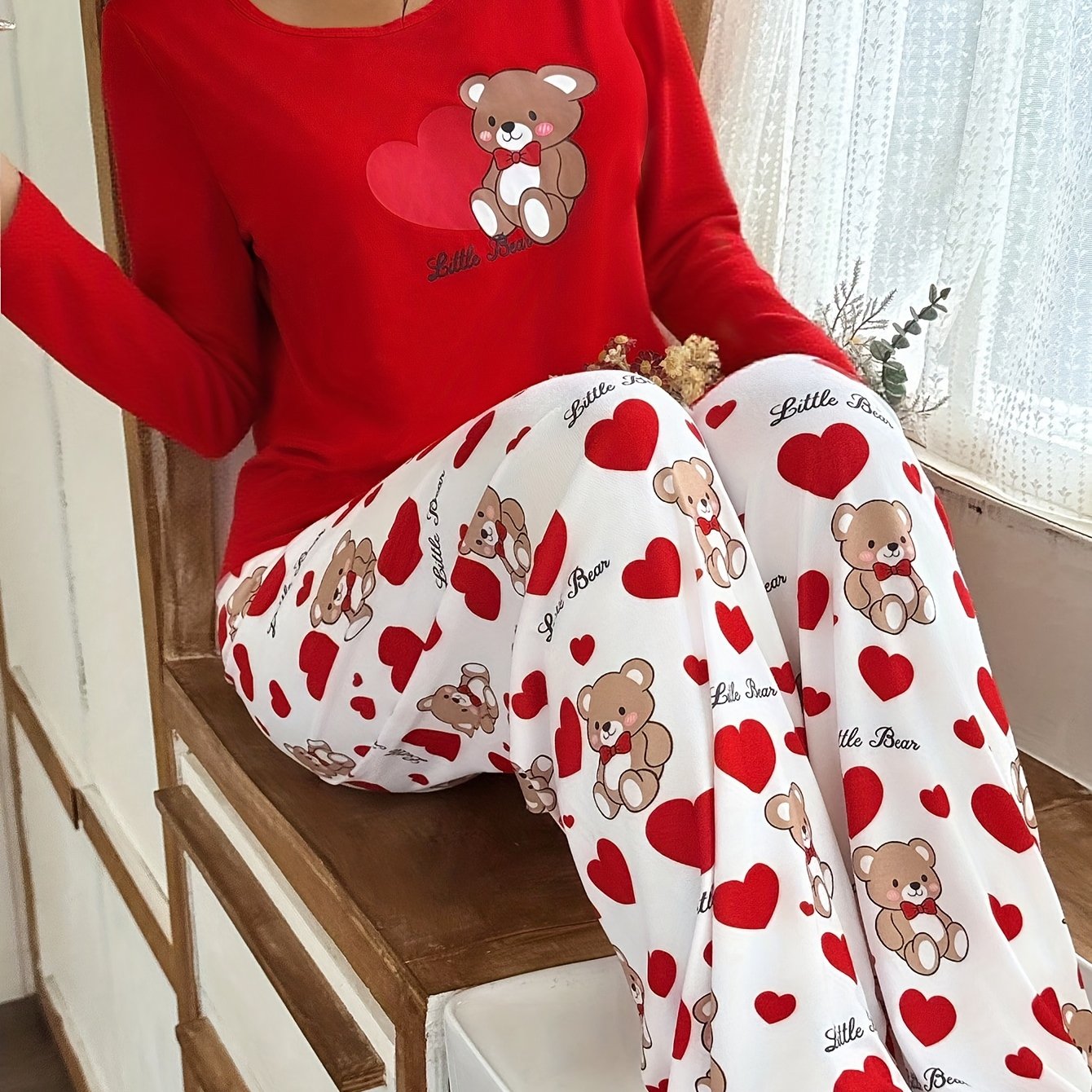 Image of Women's 2pcs Heart Bear Pajama Set - Cozy Red & Heart Bear Print Long Sleeve Nightgown & Pants With Elastic Waistband, Button-up Front, Soft Loungewear For Women, Cute Pajamas