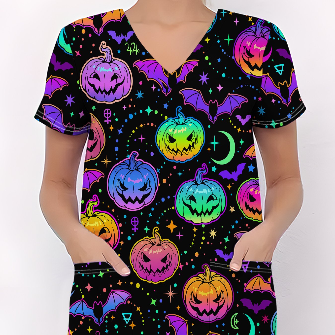 TEMU Women's Halloween Nurse Uniform Costume - Full-body Print Short Sleeve Scrubs With Pocket, Multicolor Neon
