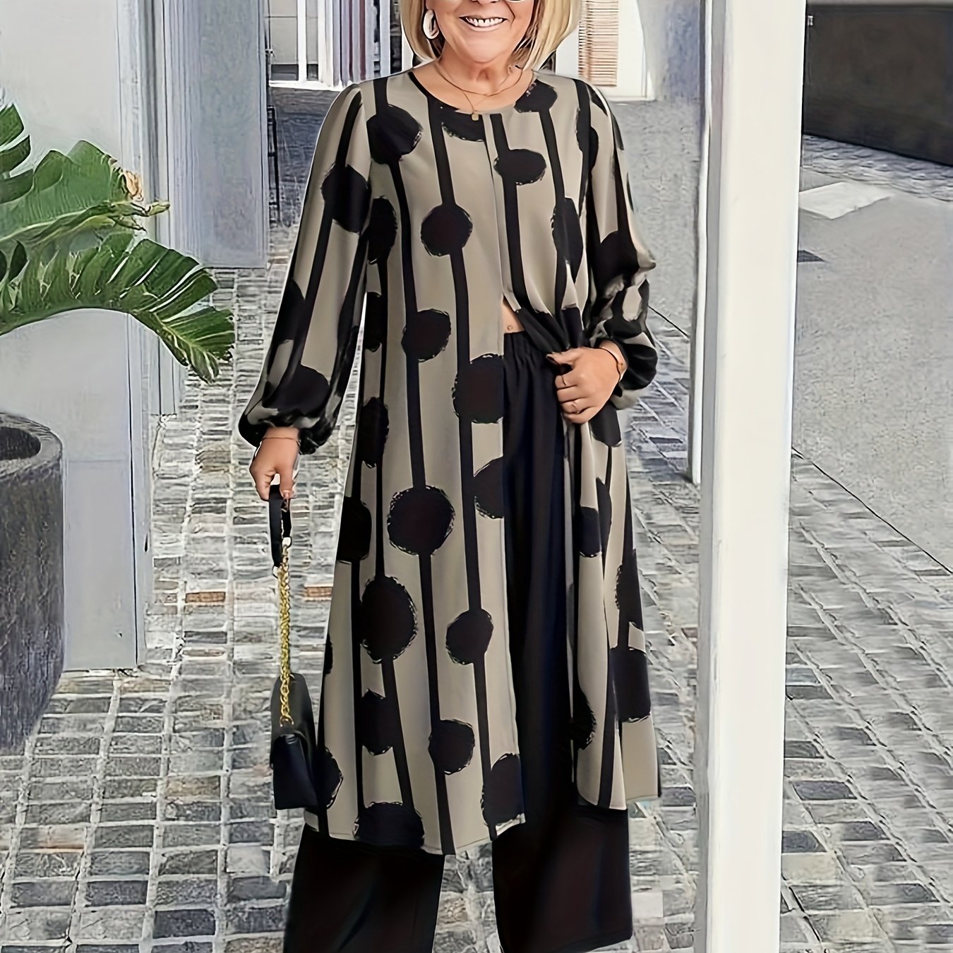 Image of Plus Size - Plus Size - Plus Size Women's Clothing 2pcs Set, Geometric Pattern Round Neck Long Sleeve Asymmetrical Hem Long Top And Pants, Casual, Spring/autumn Season Outfit