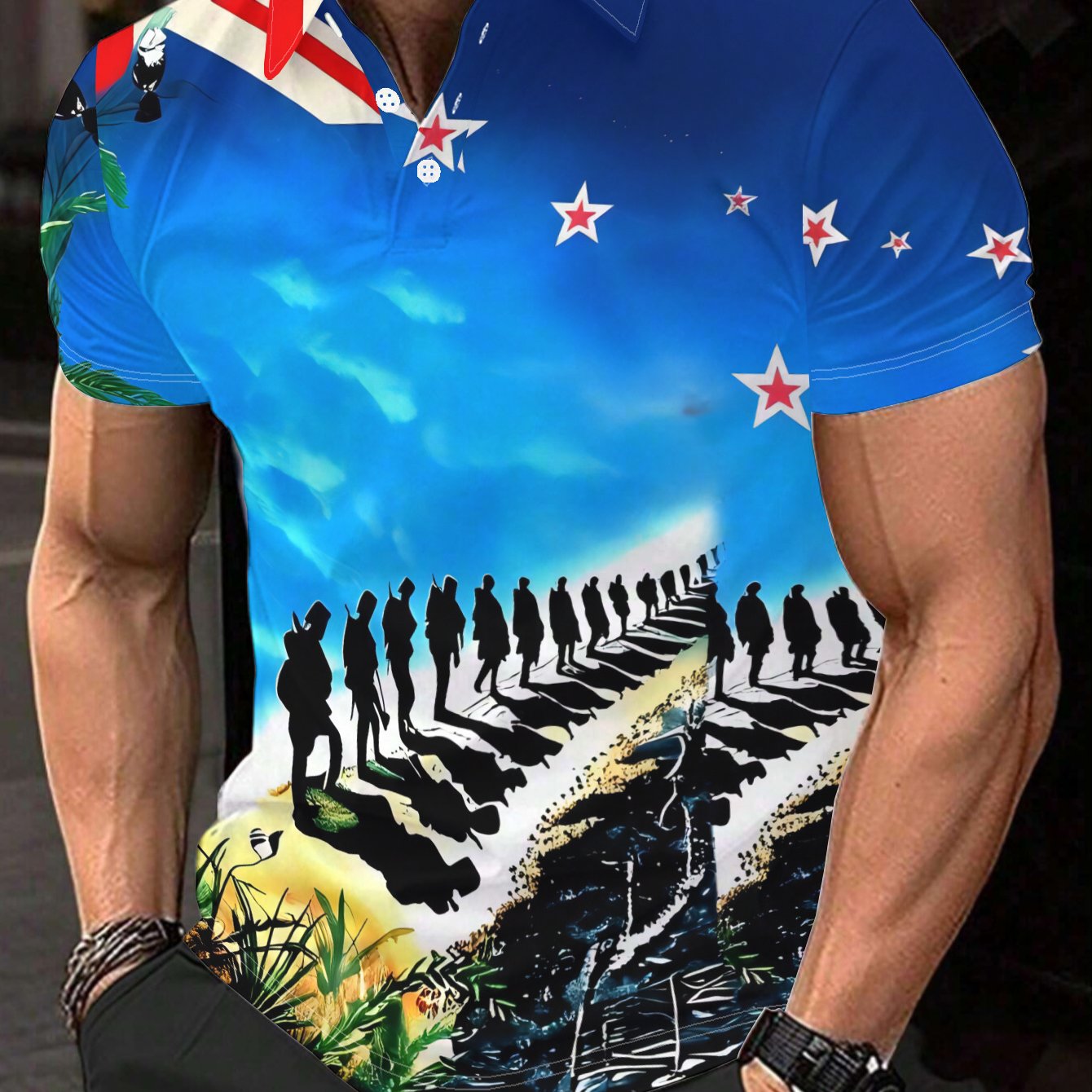 TEMU Men's Casual Short Sleeve Shirt With New Zealand , Featuring A Silhouette Of A Soldier Walking Along A Railroad Track Against A And Grass