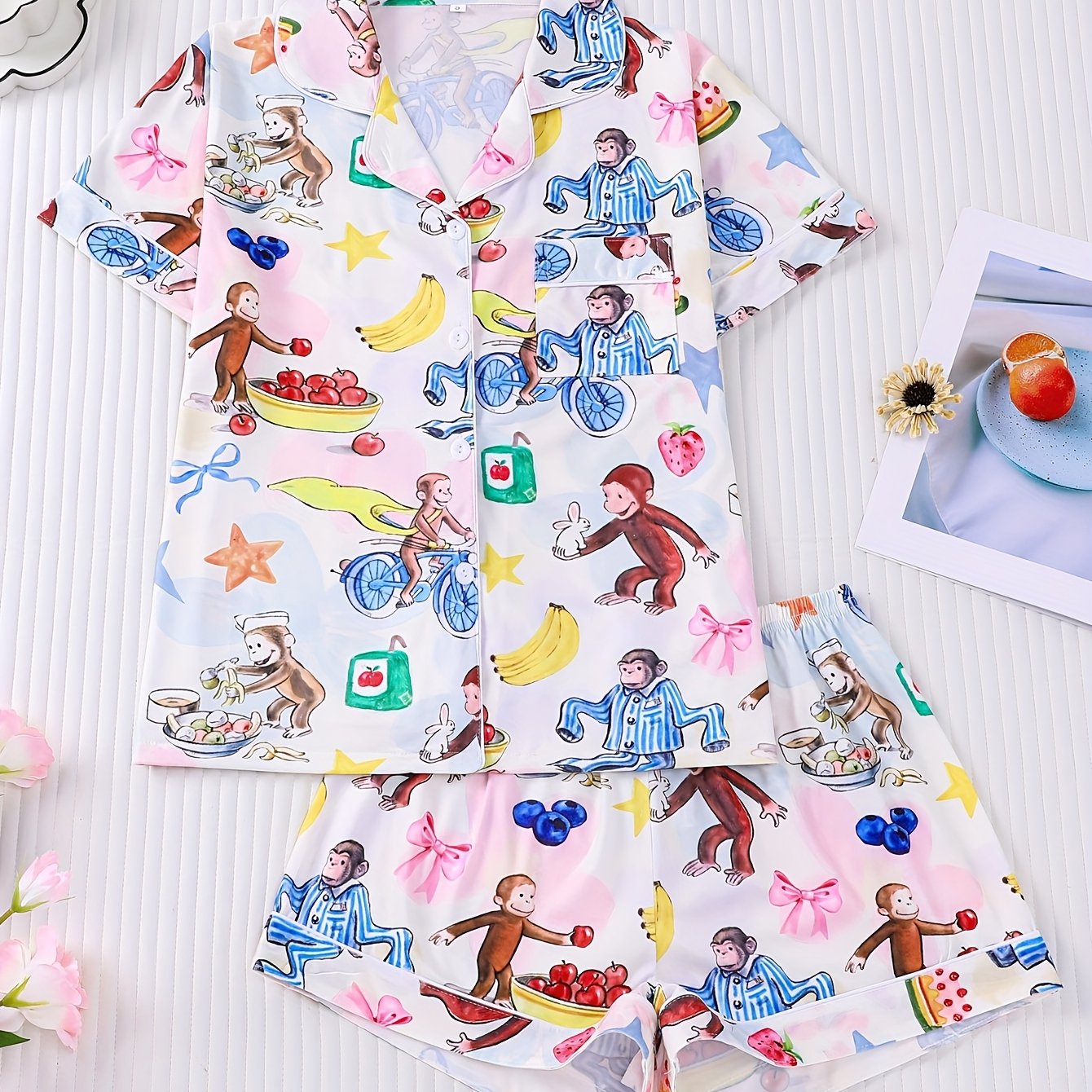 TEMU 2pcs Spring/summer Women's Pajama Set, Featuring An Adorable , With A Short-sleeve Lapel Cardigan Top And Loose Elastic Shorts, Casual