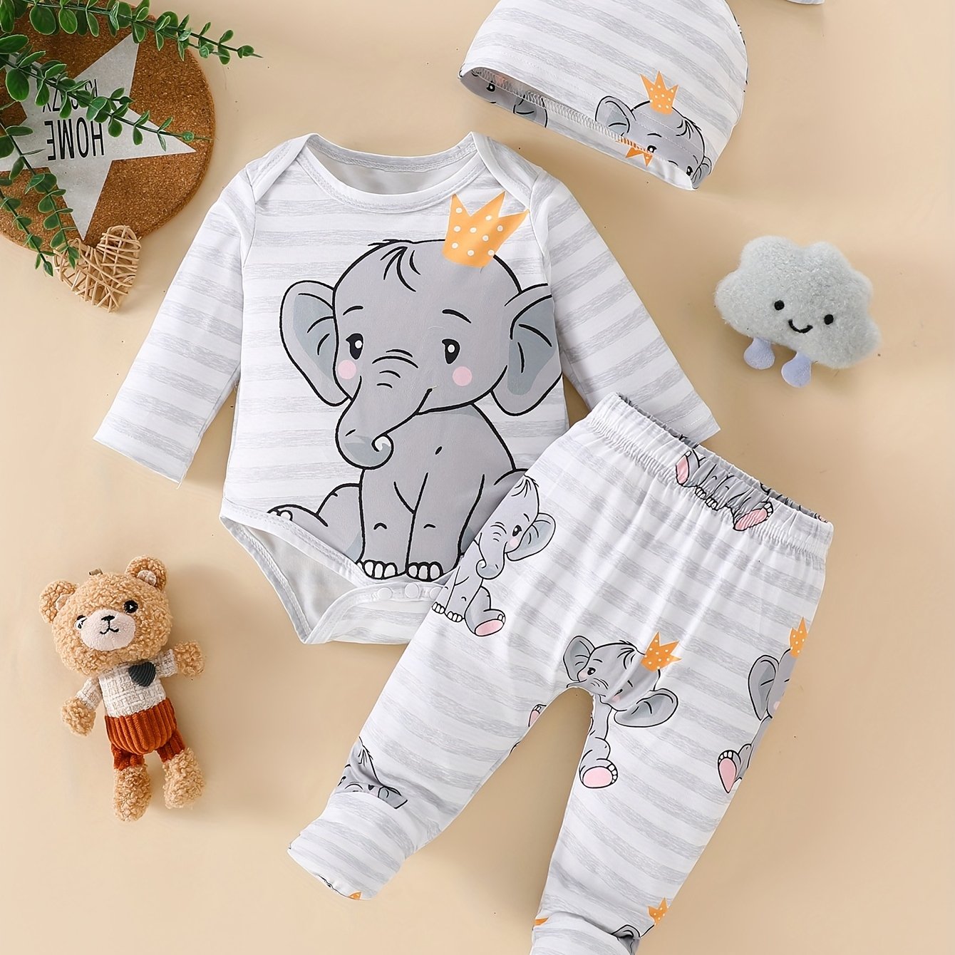 E-shop Jungen Süßer Elefanten-Cartoon-Druck Body + Hose Set + Mütze, Krabbeloutfit für Frühling/Herbst, für Draußen