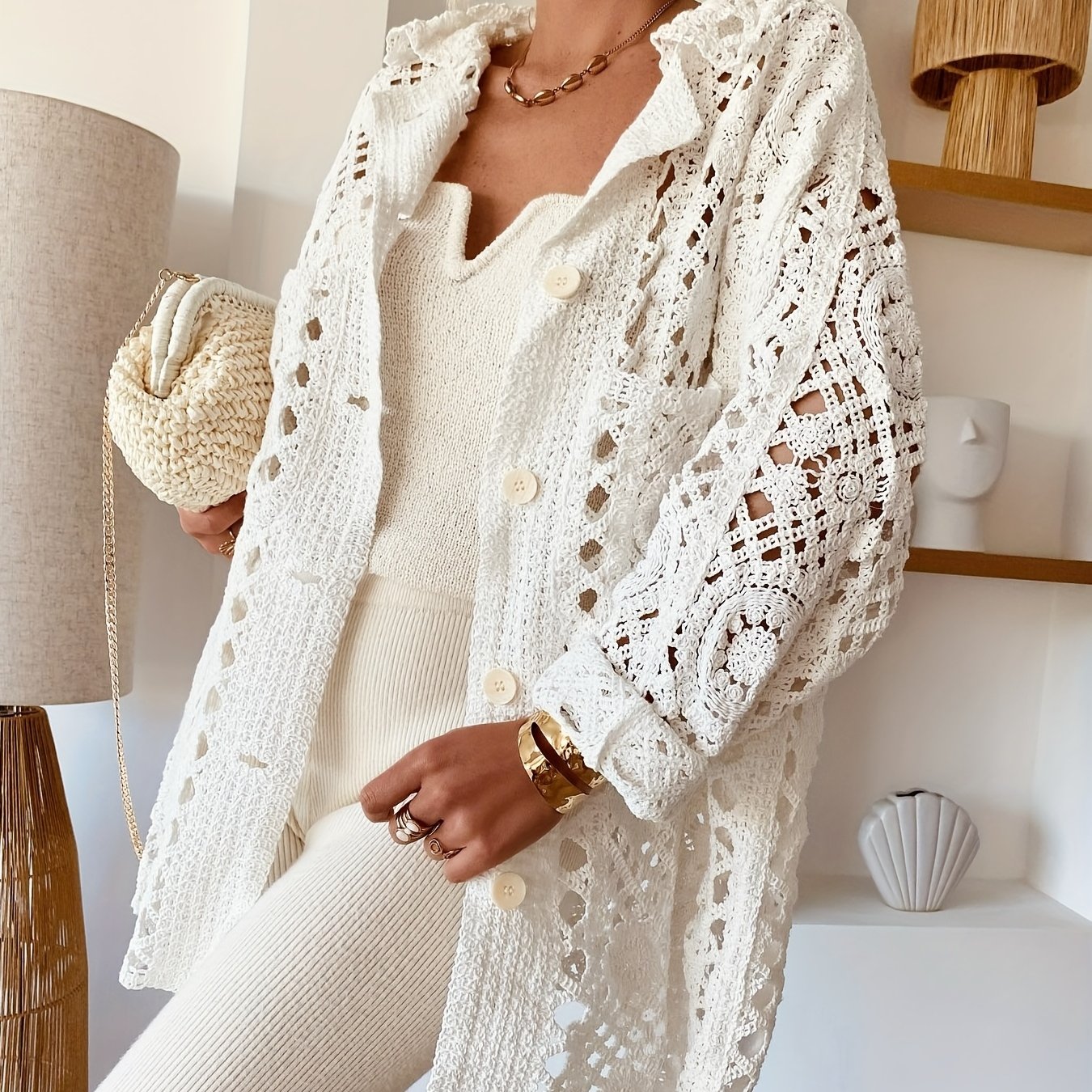 Image of Plus Size, Women's Fashion Hollow-out Coat, Lapel Midi Single-breasted Design, Solid Color Outerwear, Essential Elegant Outerwear For Beach, Seaside, Vacation, Travel, Leisure, And Shopping