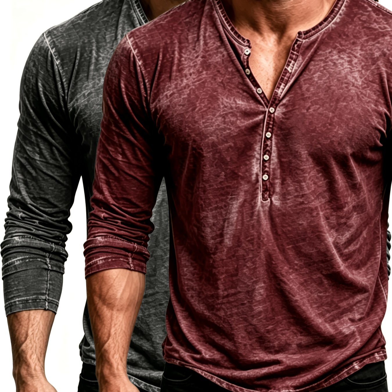 2pcs Men's Distressed Cotton Henley Shirts Front Retro Long Sleeve T Shirts Casual Button Washed T Shirts For Men