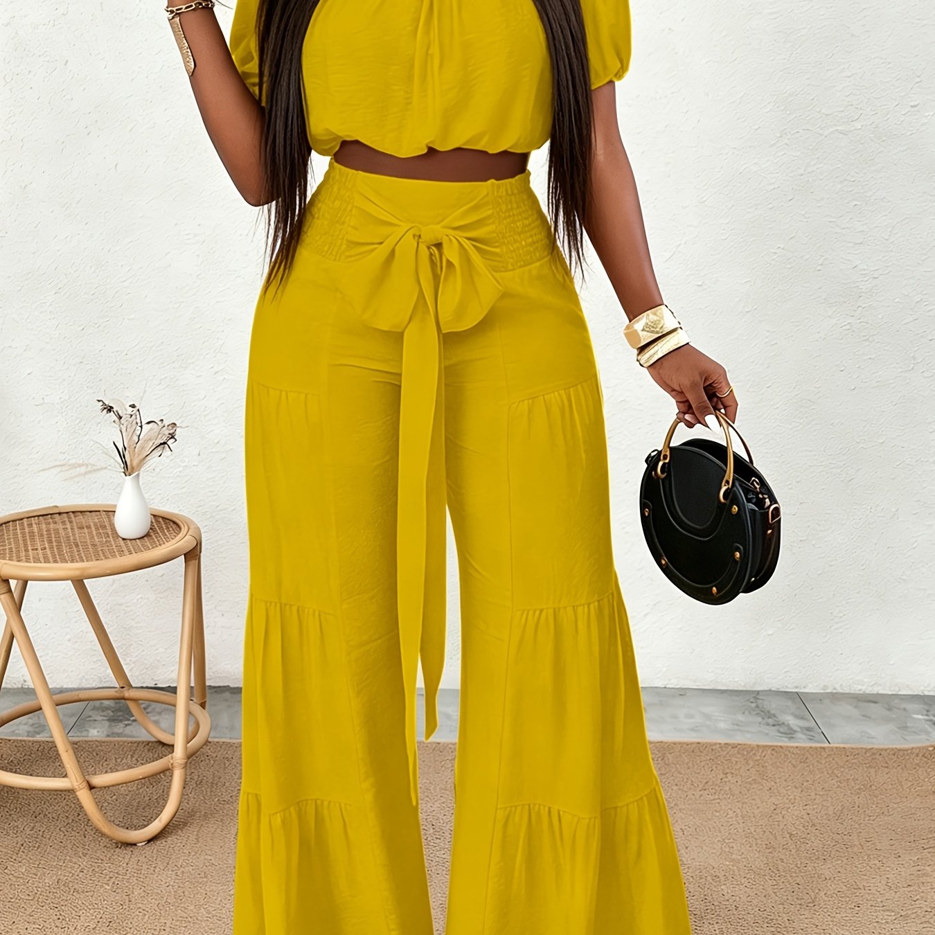 TEMU Women Solid Shoulder Puff Sleeve Crop Top With Smocked Waist Tie Front Tiered Wide Leg Pants 2pcs Outfit, Textured Matching Set, Fashion Wear