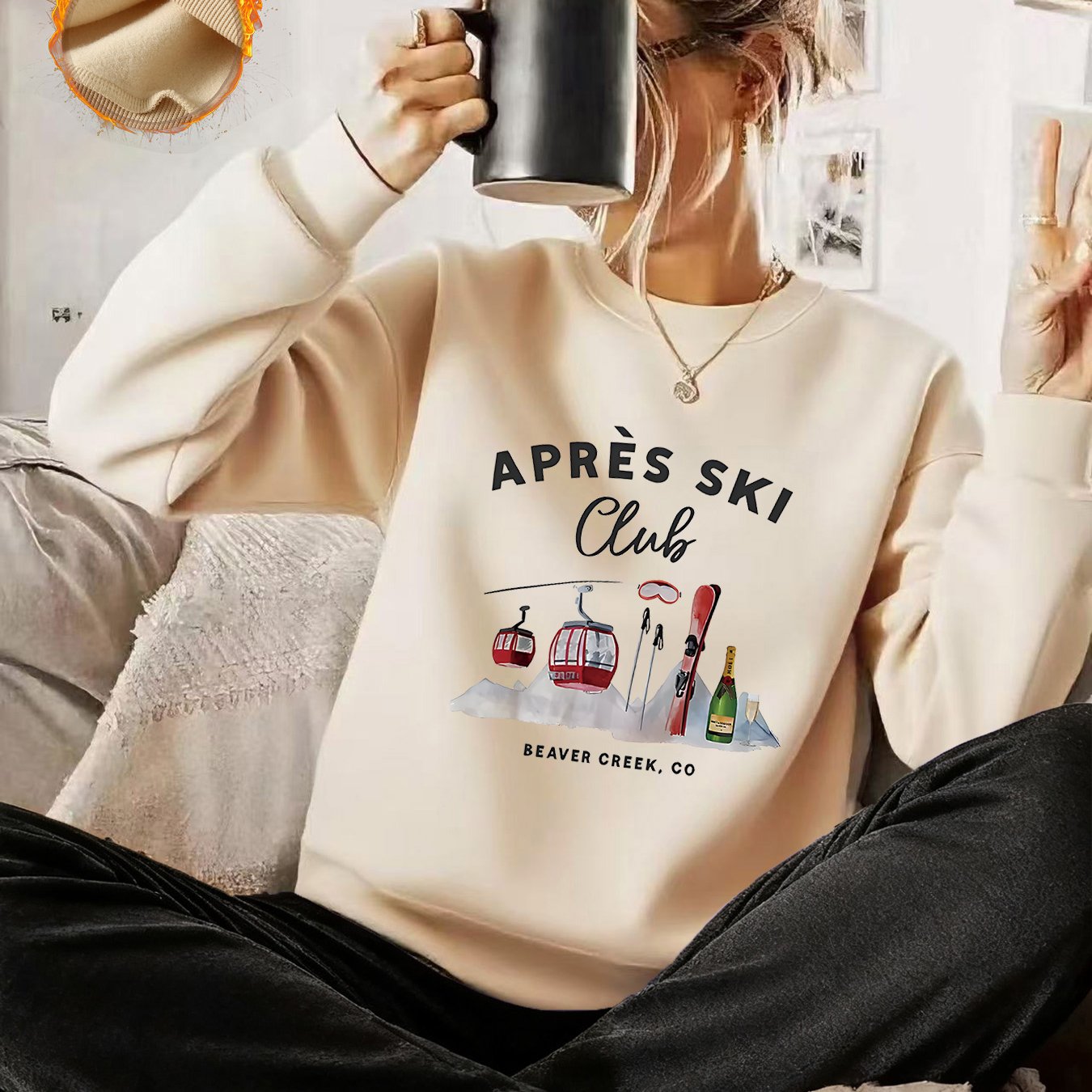 TEMU Sweat-shirt d'automne une pièce à col rond - Imprimé lettre montagne de neige bouteille de vin télésiège + Sweat-shirt à col rond à motif de