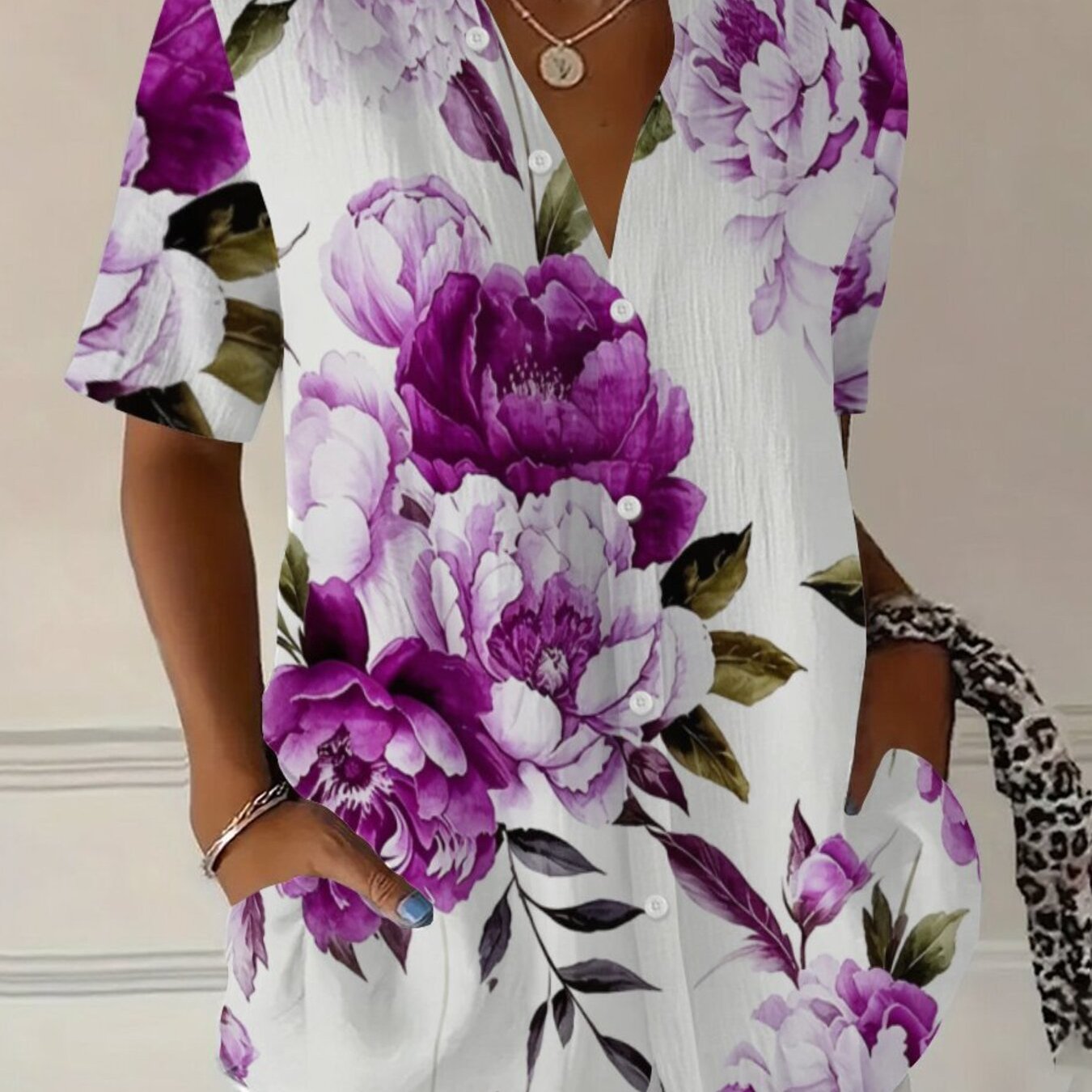 TEMU Plus Size Women's Purple Peony Floral Print Short Sleeve Top Casual Button-up Shirt