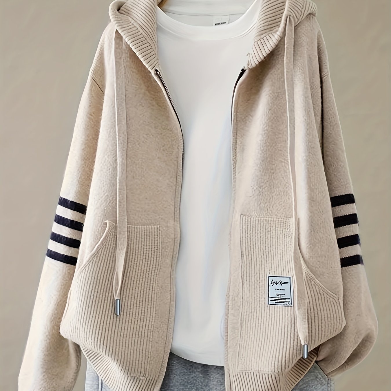 TEMU Plus Size, Large Size Fashion Loose Striped Simple Zipper Hooded Cardigan Women