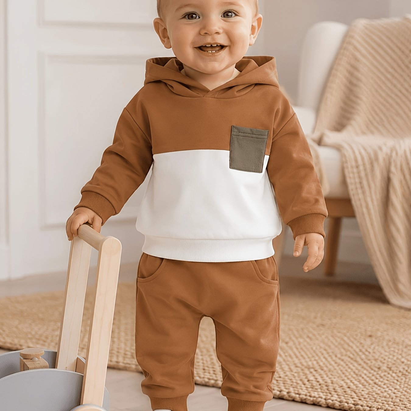 Image of Boys' Clothing Kids Casual Outfit Long Sleeve Contrast Color Top Sweatshirt With Elastic Waistband Joggers, Perfect For Outdoor
