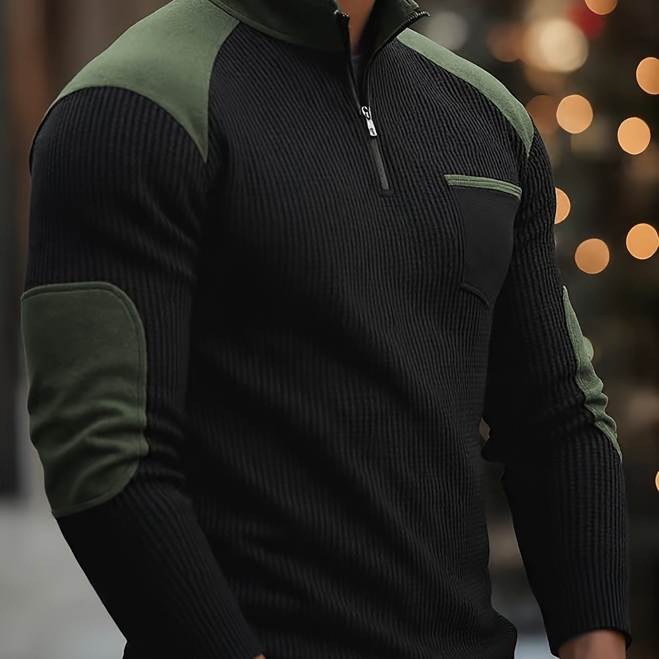 Image of Men's Fashion Top, Autumn/winter Casual Textured Waffle Knit Color-block Zipper Design Long Sleeve Men's Henley Shirt