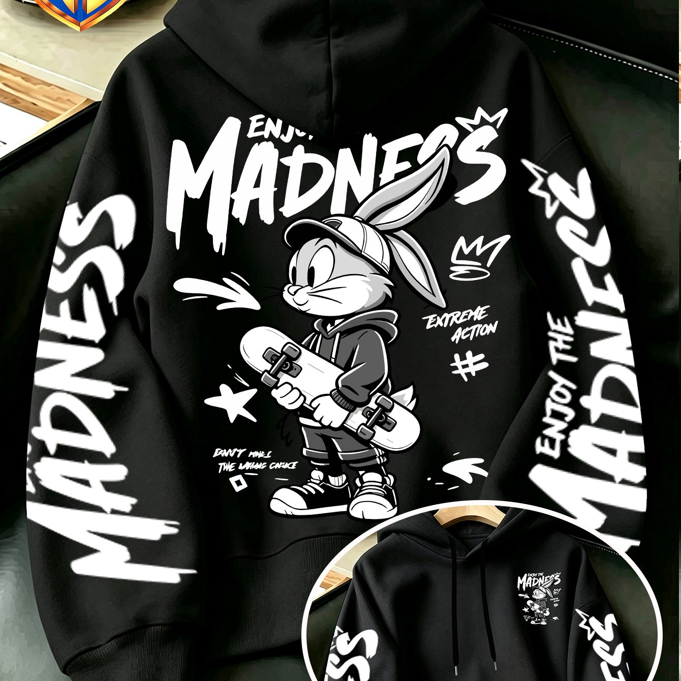 TEMU Official Warner . Merchandise: Versatile Men's Hoodie With American-style Street Skateboarding Graphics, Sleeve Prints, And Drawstring Hood,