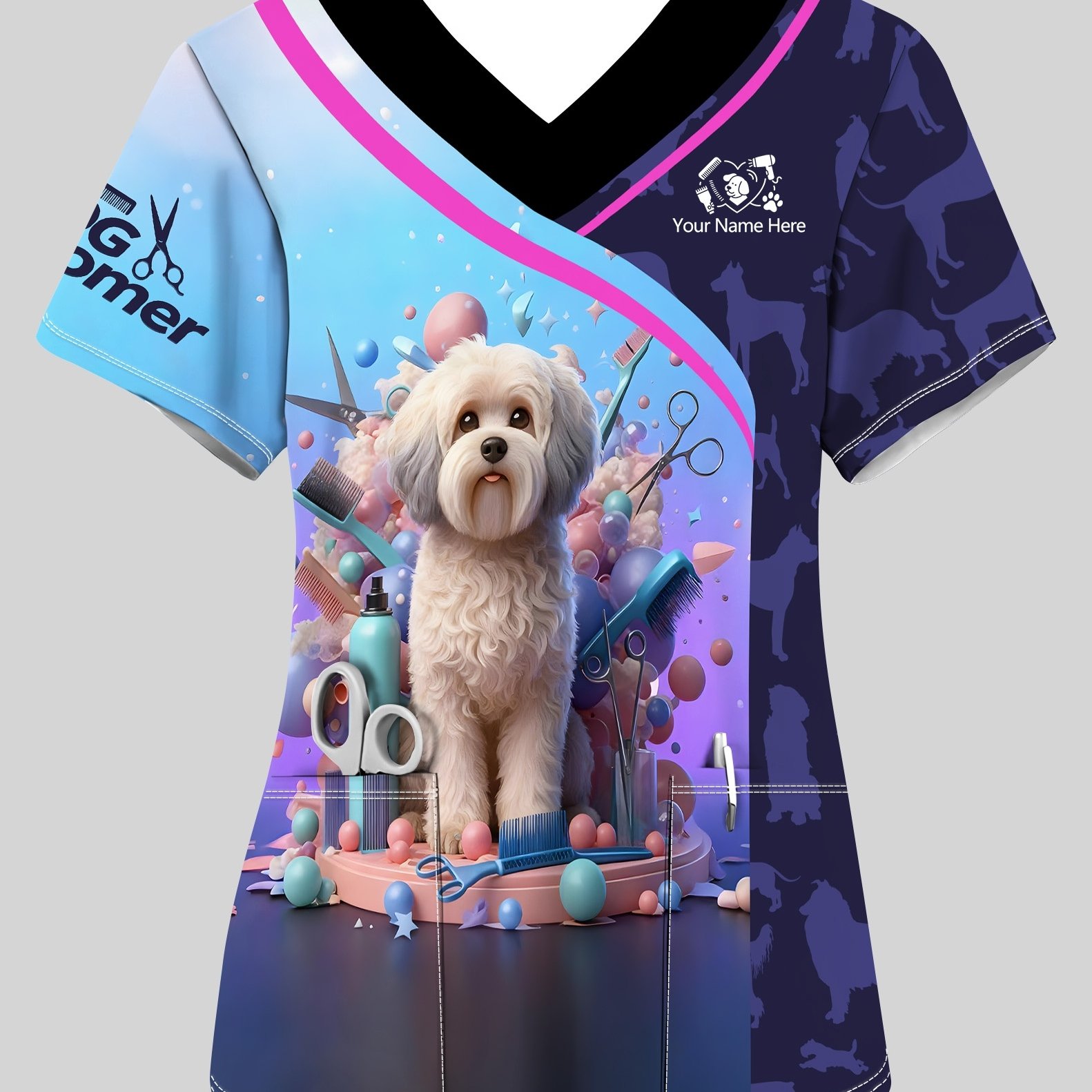 TEMU Custom Name V-neck Short Sleeve T-shirt, Dog Print Fashion T-shirt, Elegant Party Women's Wear, Pet Groomer Casual Elegant Tee Shirt, Holiday