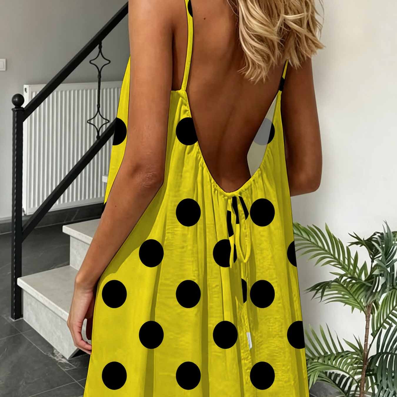 Image of Plus Size 08xl Vintage Retro Style, Polka Dot Print Backless Mini Dress, Spaghetti Strap Drawstring Back Casual Sundress, Loose Fit Summer Beach Dress For Curvy Women