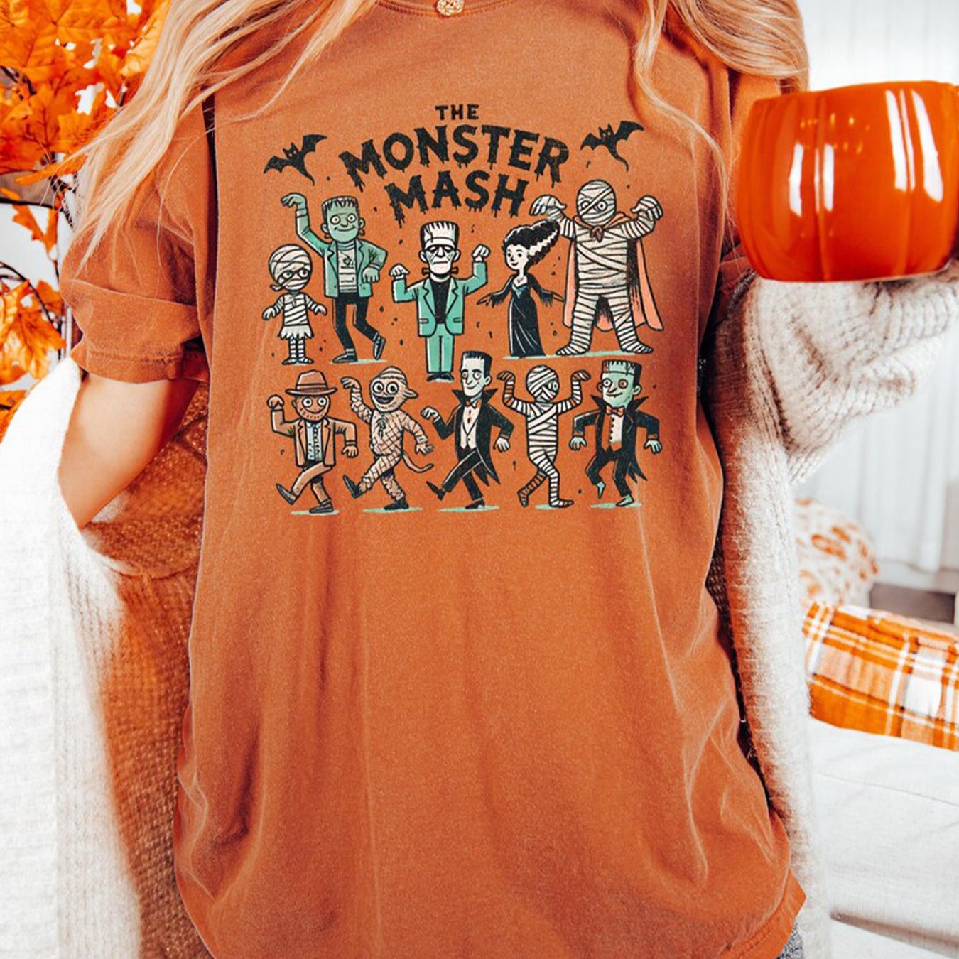 Mash With Cartoon Monsters And For Women Orange T-shirt Autumn Costume Party Wear