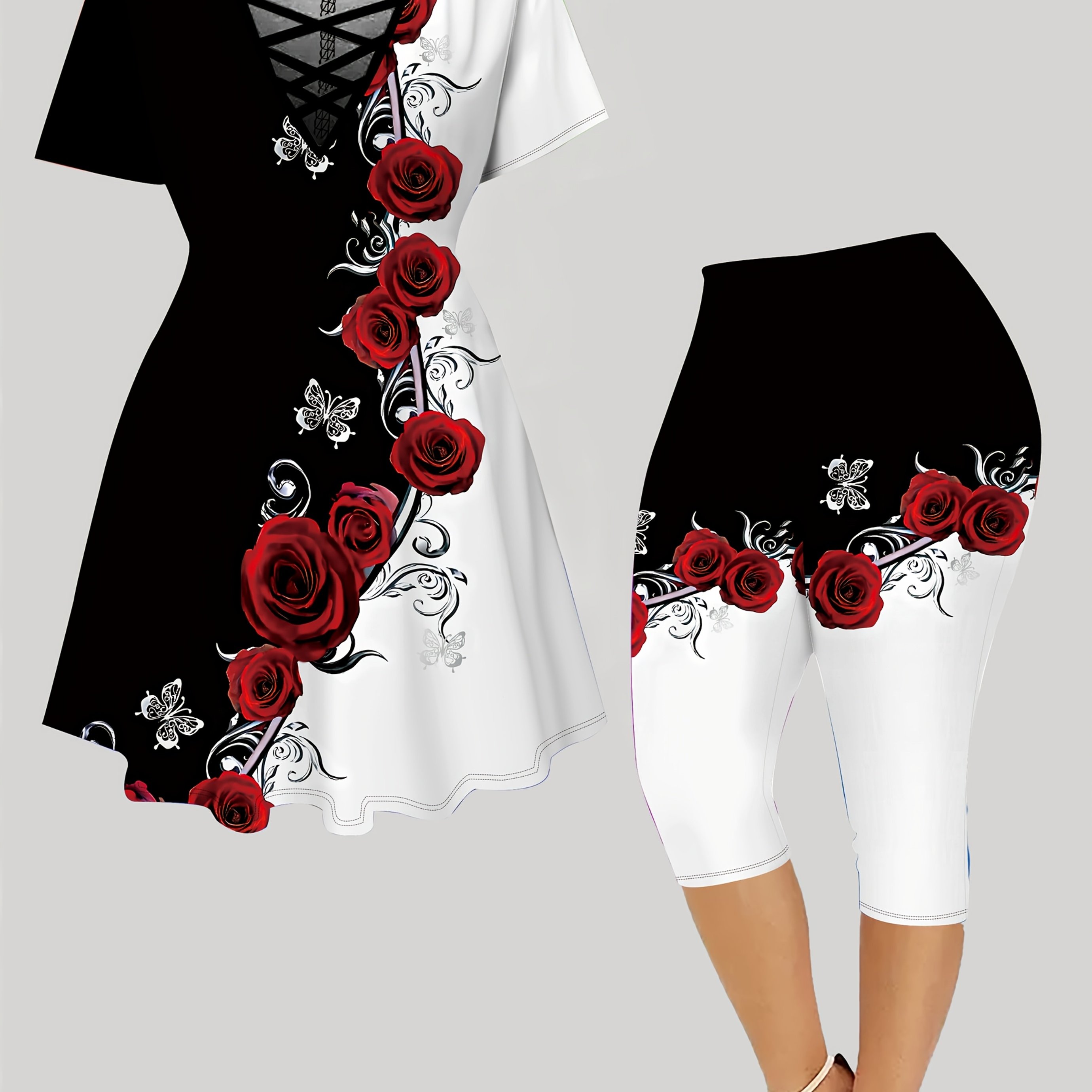 Image of Plus Size - Plus Size - Women's Plus Size Elegant Fashion Vacation Floral Pattern V-neck Cross-strap Short Sleeve Top And 3/4 Length Pants Set