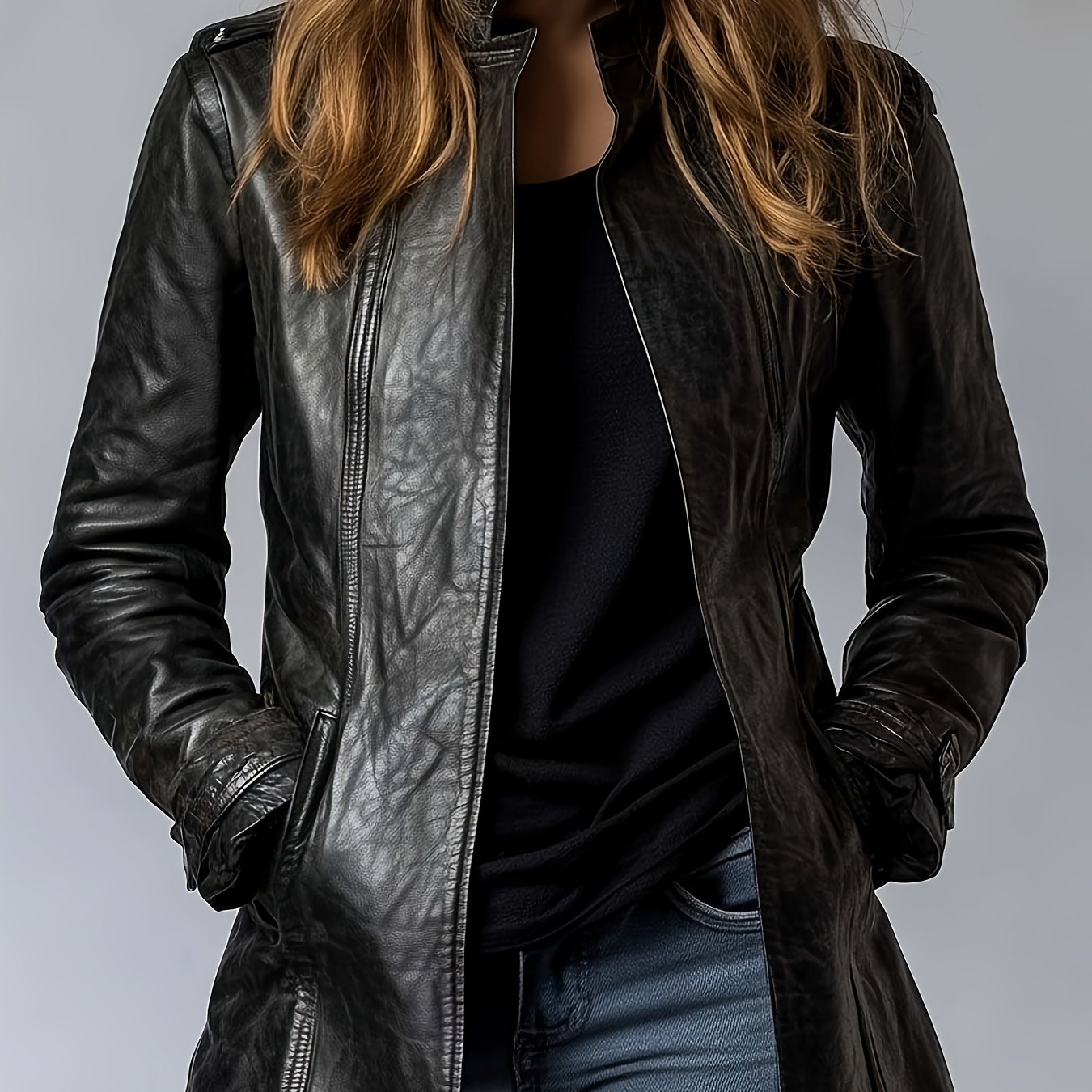 Plus Size, Plus Size Black Collar Jacket, Fashionable Casual Motorcycle Jacket