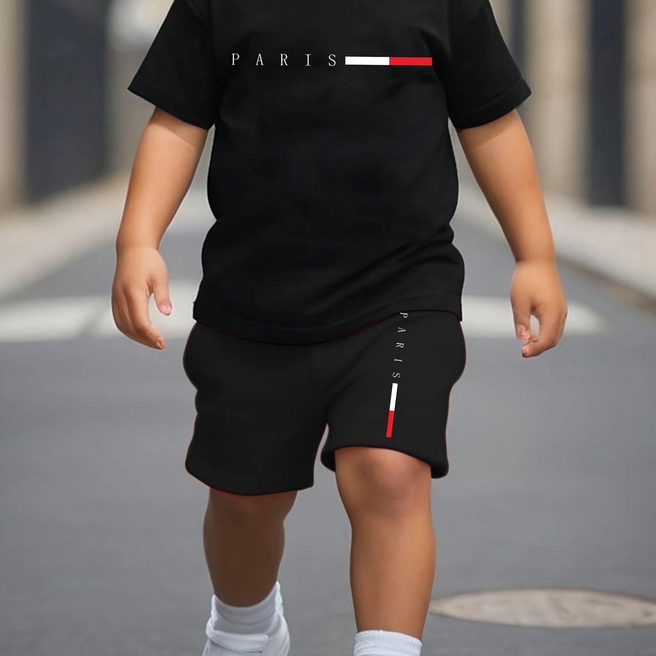 Image of Summer Boys' Fashion Shorts Set With Paris Letter Print Cute Short Sleeve T-shirt And Shorts Casual Outfit Tz5991, Perfect For Outdoor