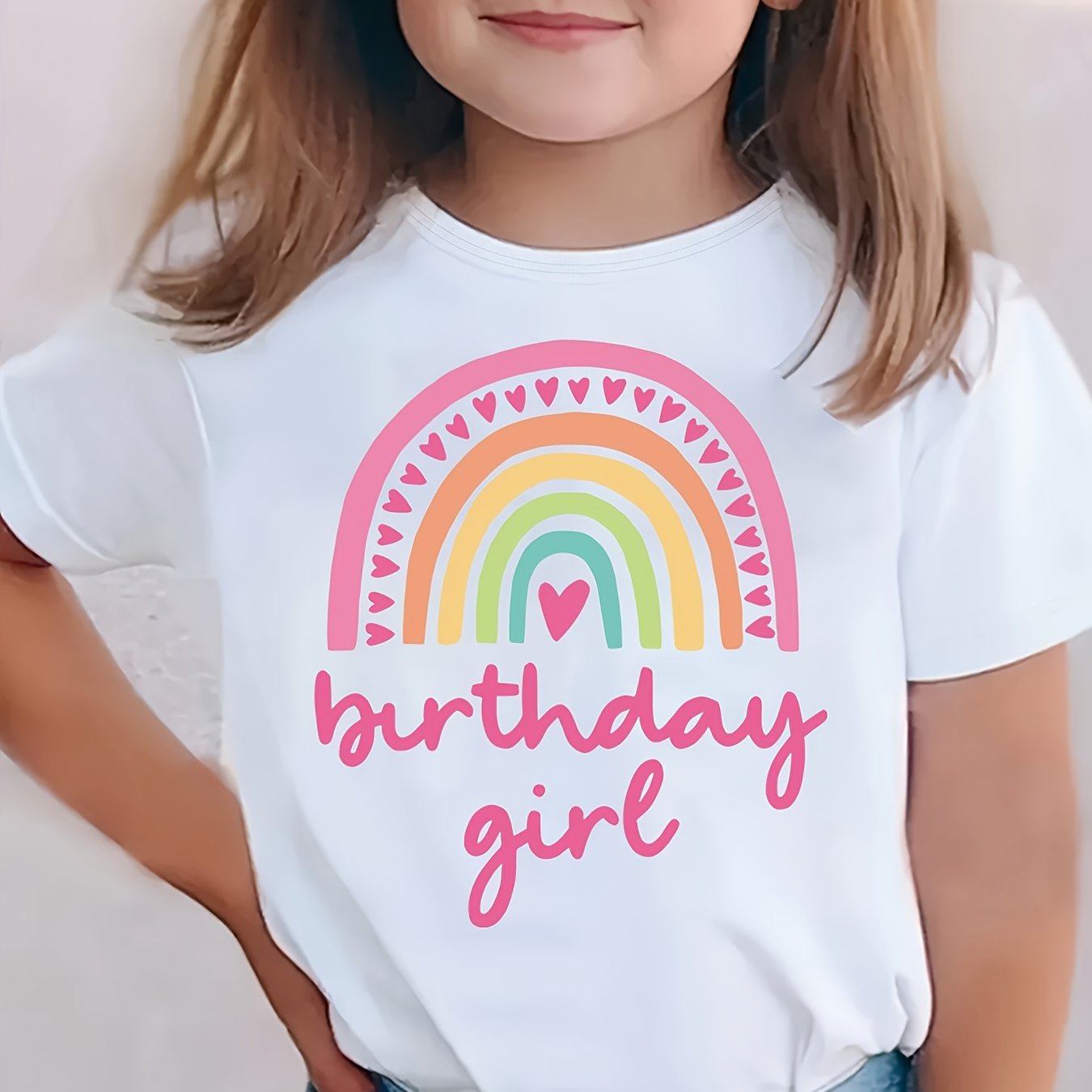 Image of Girls' T-shirt With & "happy Birthday Girl" Print - Soft, Round Neck, Short Sleeve, Casual & Festive Design For Spring/summer, Birthday Party Outfit | Graphic Tee |