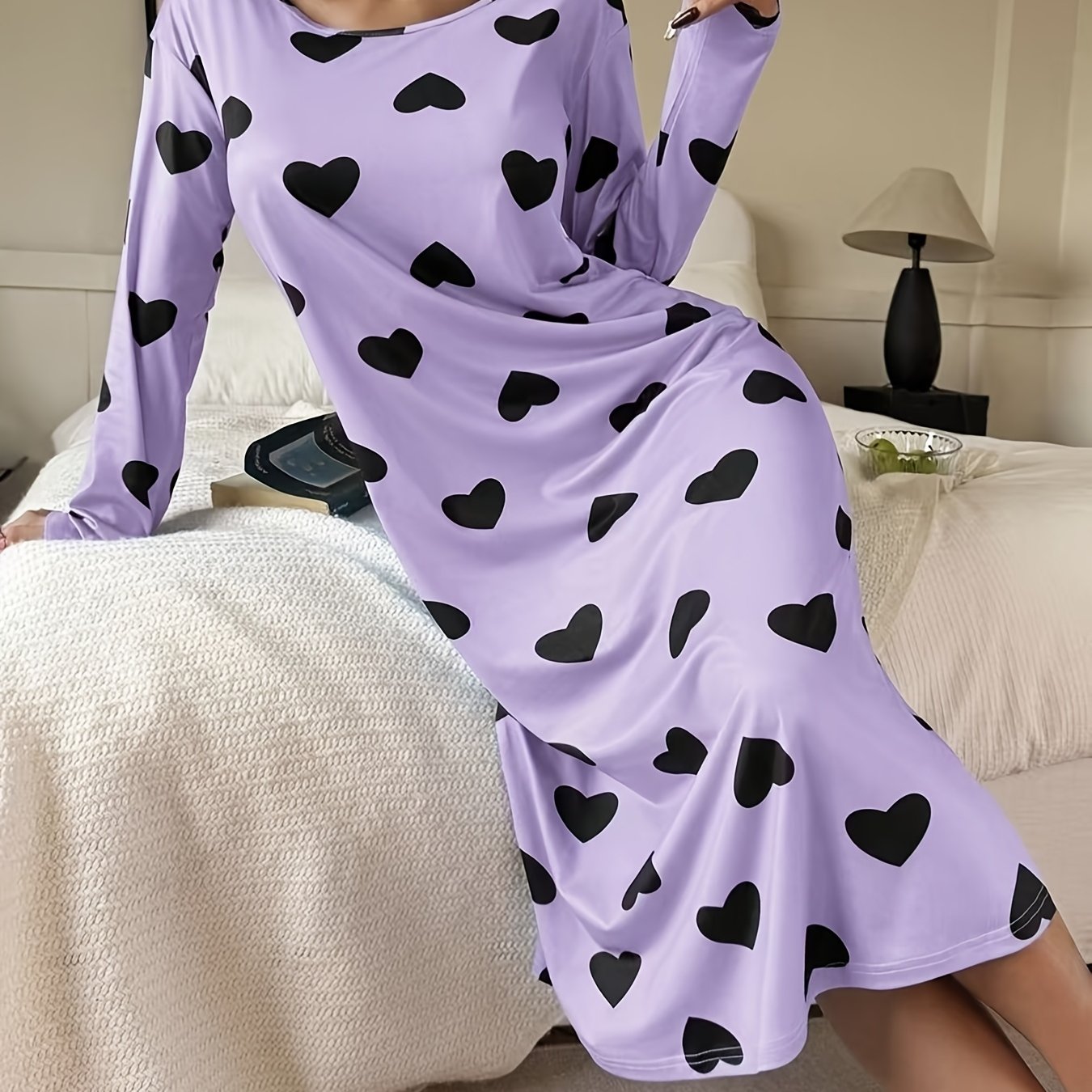TEMU Women's Lavender Black Heart Print Nightgown, Round Neck Long Sleeve Loose Fit Midi Sleepwear, Soft Stretchy Cute Heart Print Loungewear Pajamas