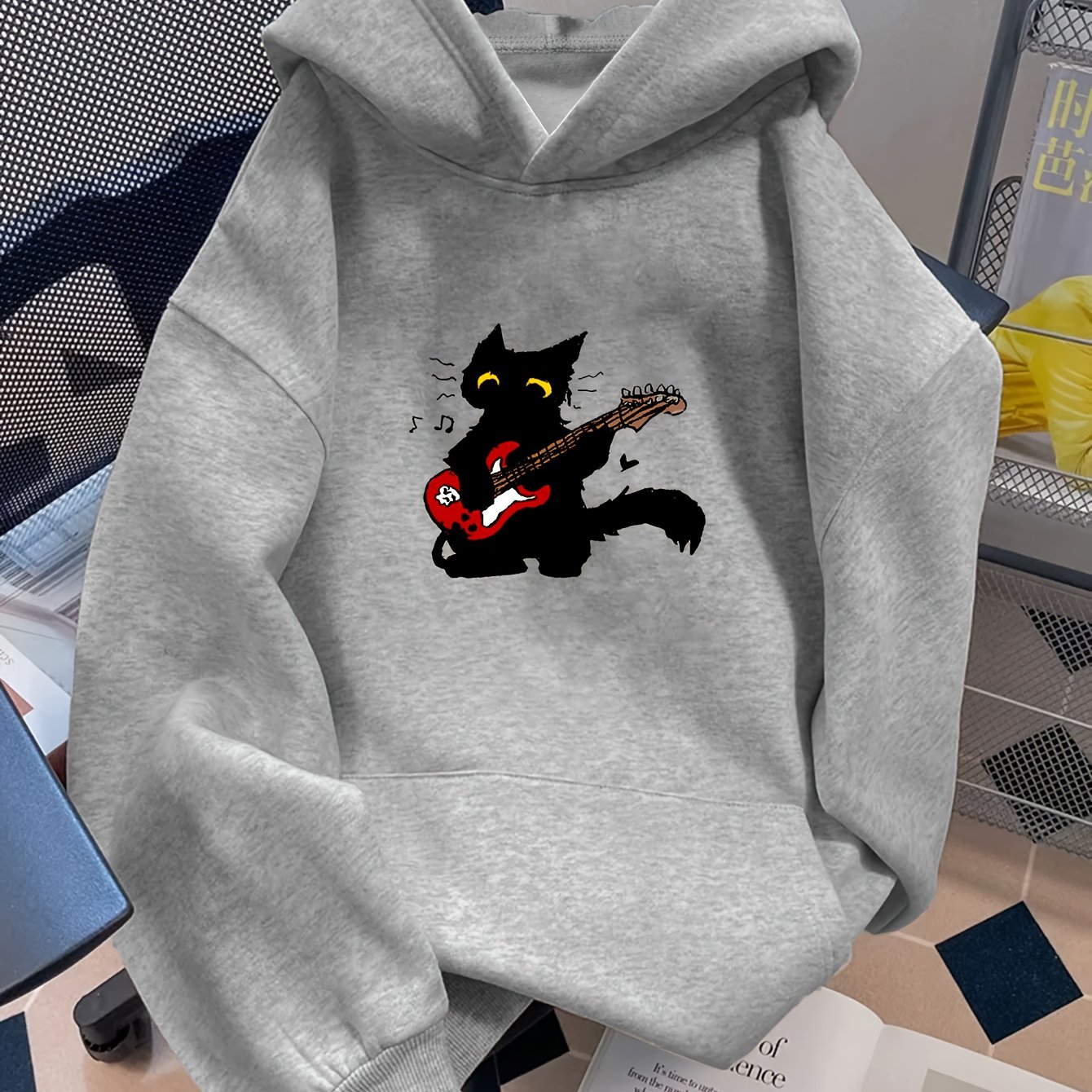 TEMU D92-loose Hooded Sweatshirt, Fashionable And Versatile Guitar Cat Print Hoodie, Spring And Autumn Women's Wear L13860
