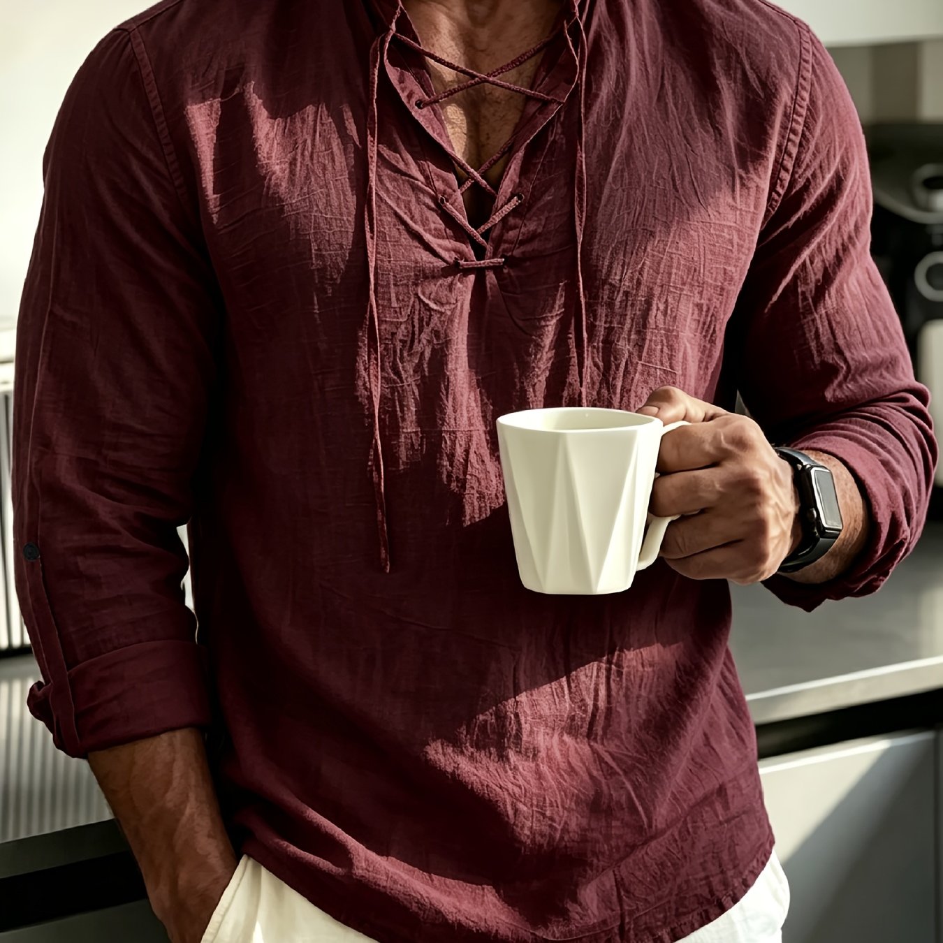 TEMU [ And Give Obm] Men' Color Stand-collar Linen Long Sleeve Shirt, Semi-open Front Design, Roll-up Sleeve Style | Casual , Short Vacation, Leisure