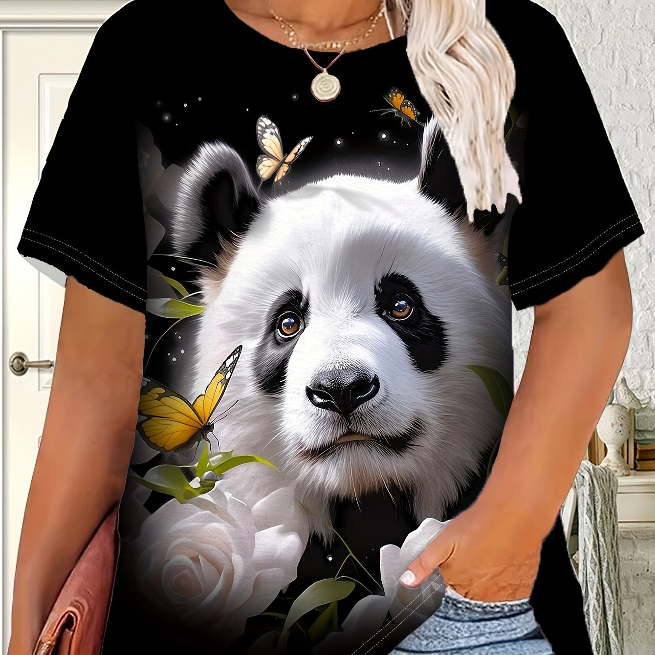 TEMU Plus Size, [printed Design-not Textured-2d Printing] Fashionable Round-neck Short-sleeve T-shirt Featuring A Black And White Panda With ,