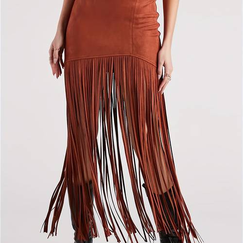 womens western cowgirl fringe bodycon pencil maxi with tassel hem silhouette side for country music festivals boho vacations
