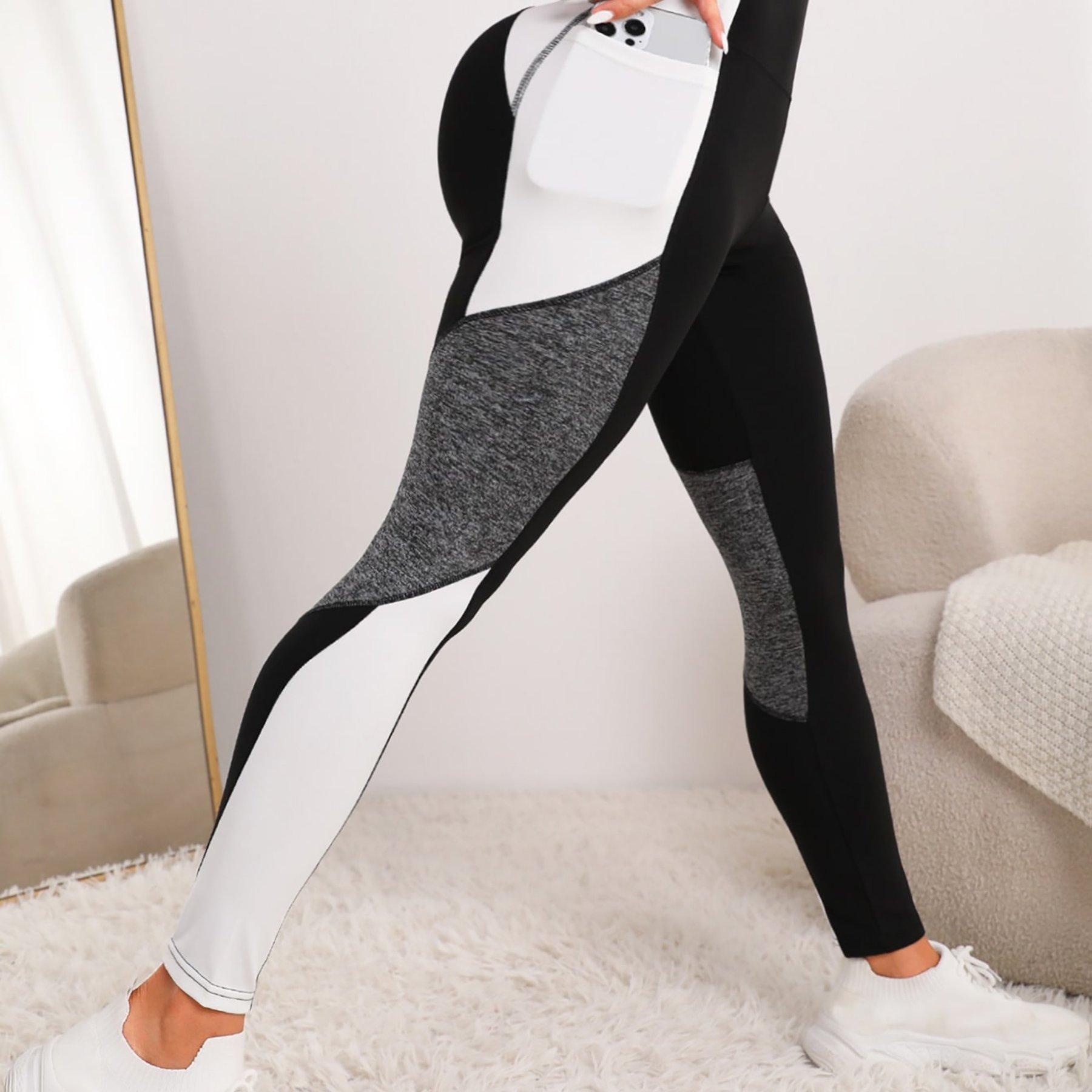 TEMU Leggings taille haute noir, blanc et gris à blocs de couleurs pour femmes avec poches latérales, conçus pour rehausser les fesses et amincir la