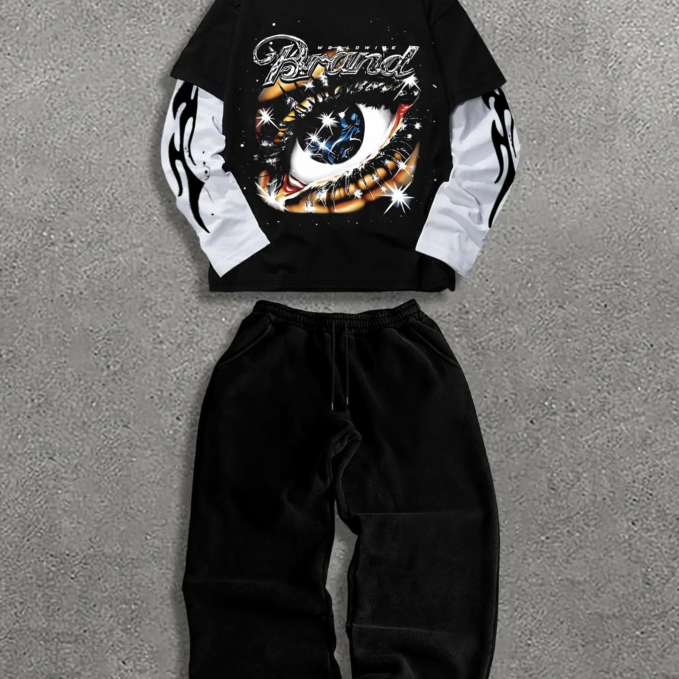 TEMU Men's 2pcss Suit, Trendy Two-piece Long Sleeve Print Pattern Top And Men's Versatile Solid Color Drawstring Loose Casual Athletic Long Pants,