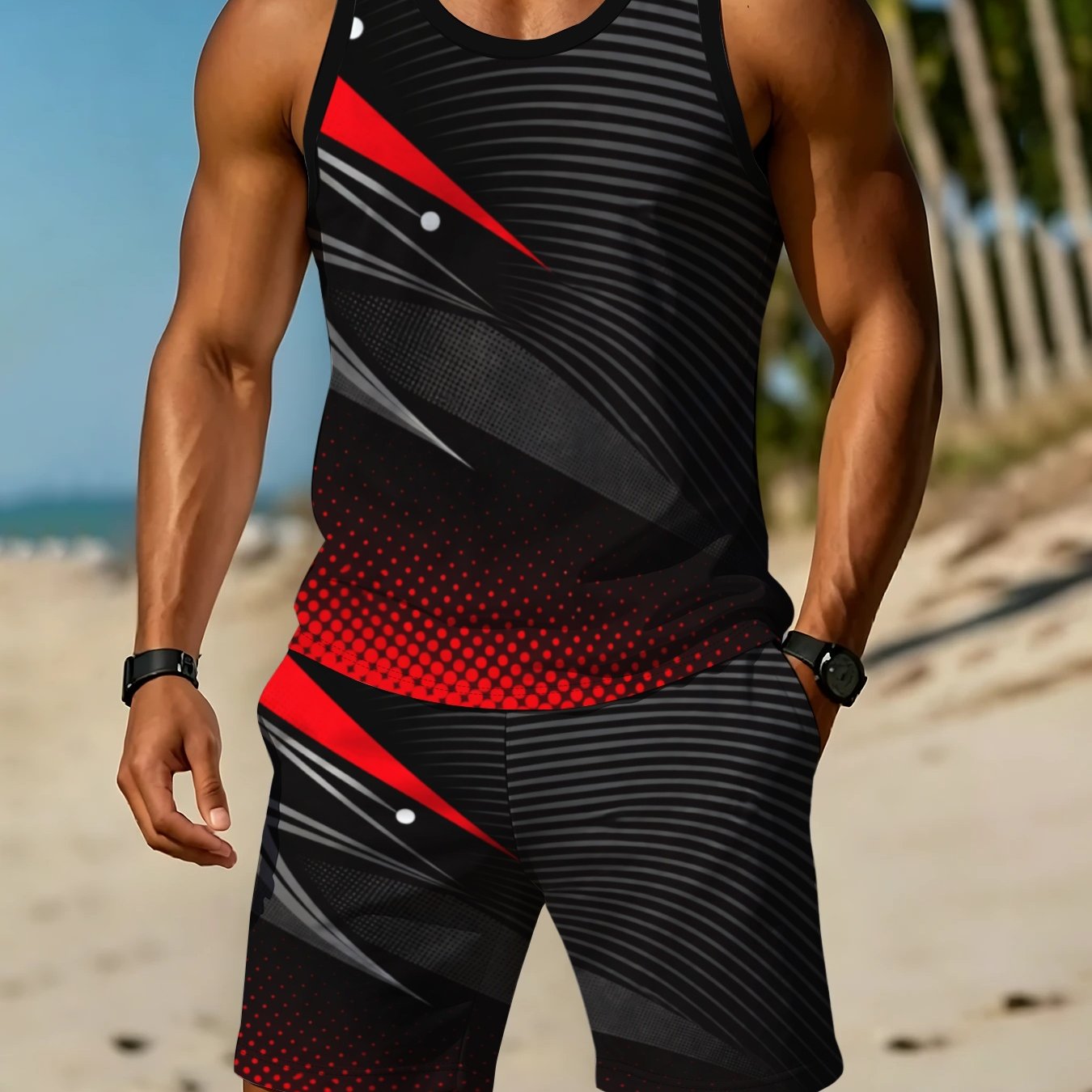 TEMU Ensemble débardeur à col rond décontracté pour hommes, design géométrique, vêtement décontracté et confortable