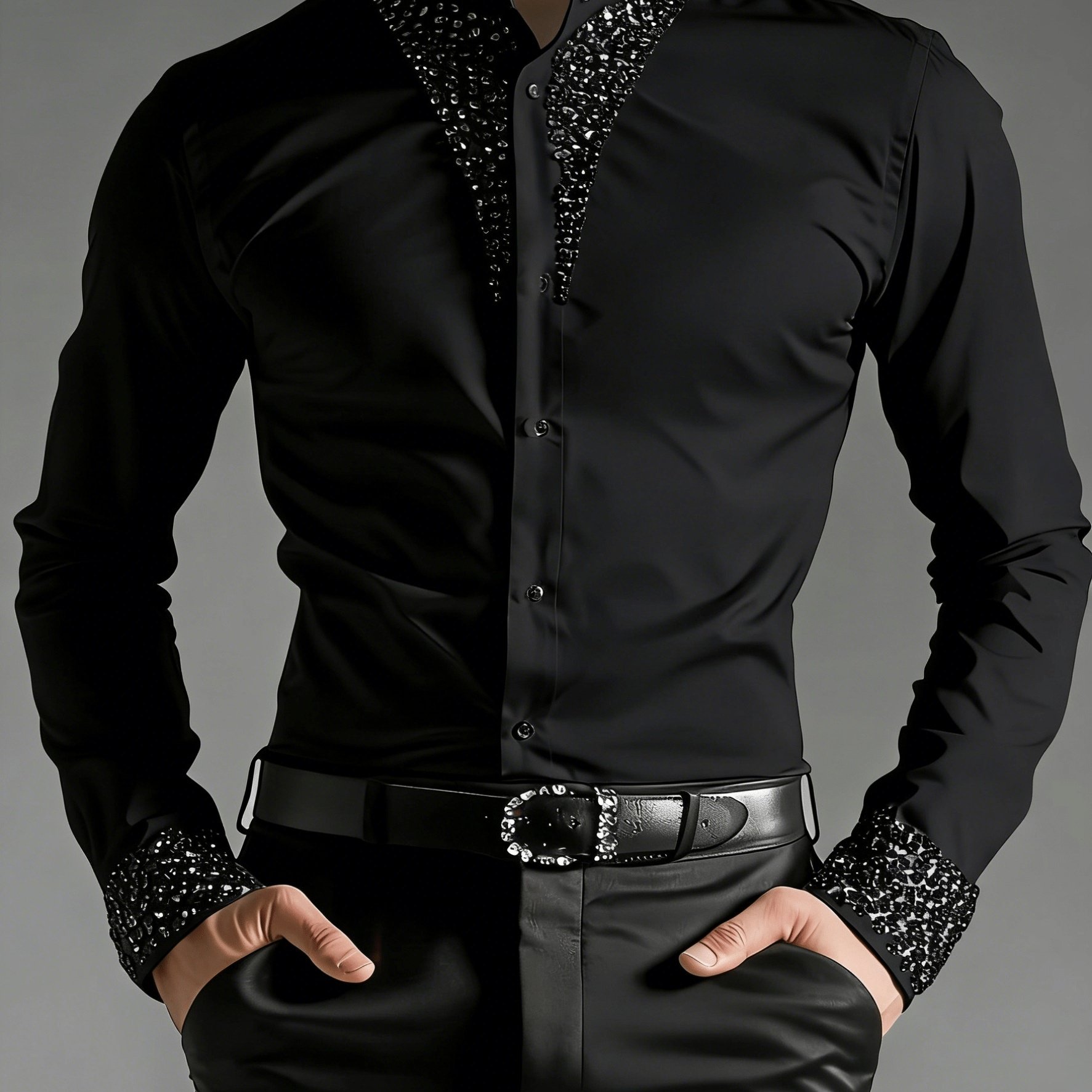 TEMU Old Money Outfits Rhinestone Stand Collar Button Long Sleeve Shirt, Casual