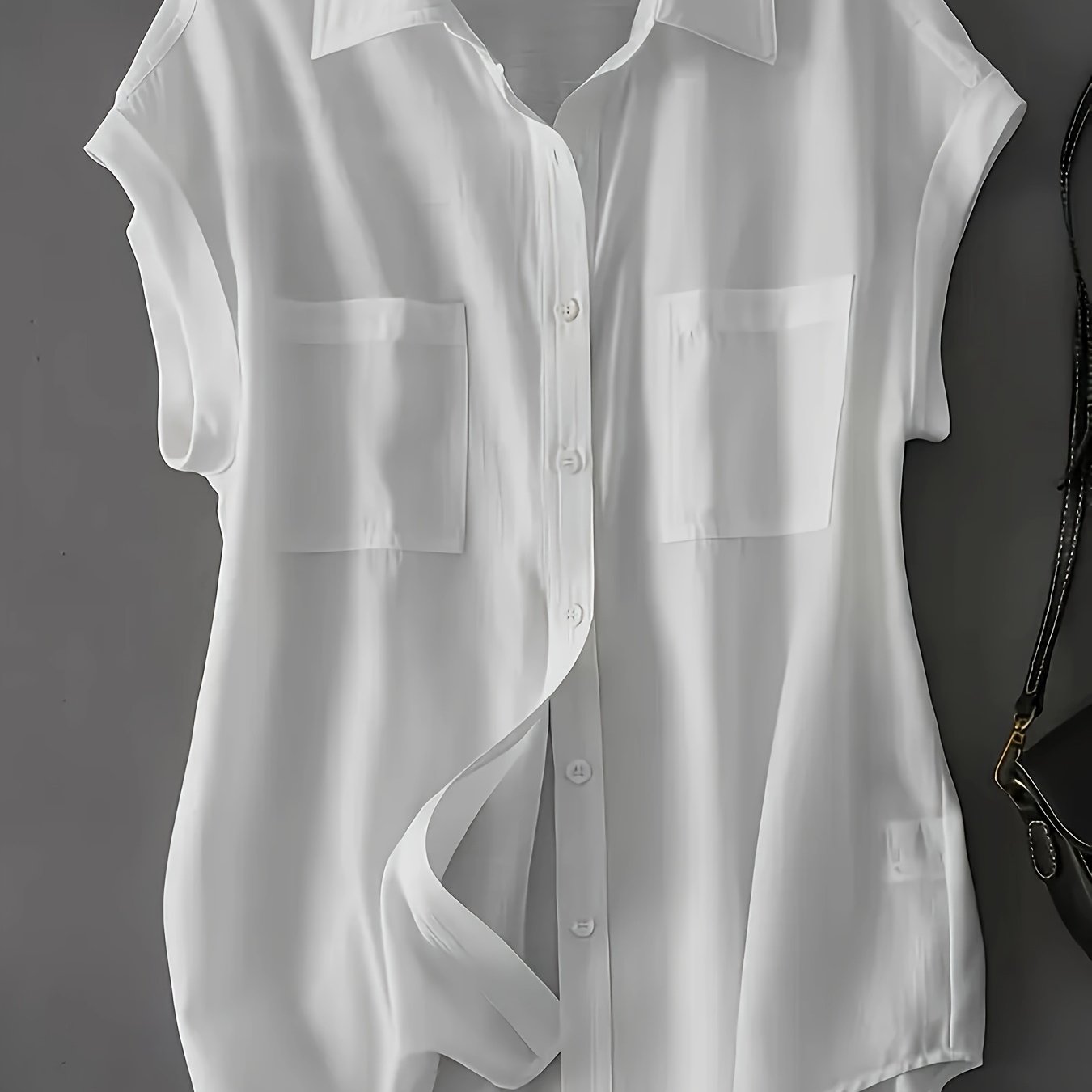 TEMU Women's Plus Size Sleeveless White Shirt - Elegant V-neck, Polyester, Non-stretch, Solid Color, Blouse With Pockets, Casual Attire|minimalist Style|woven Fabric