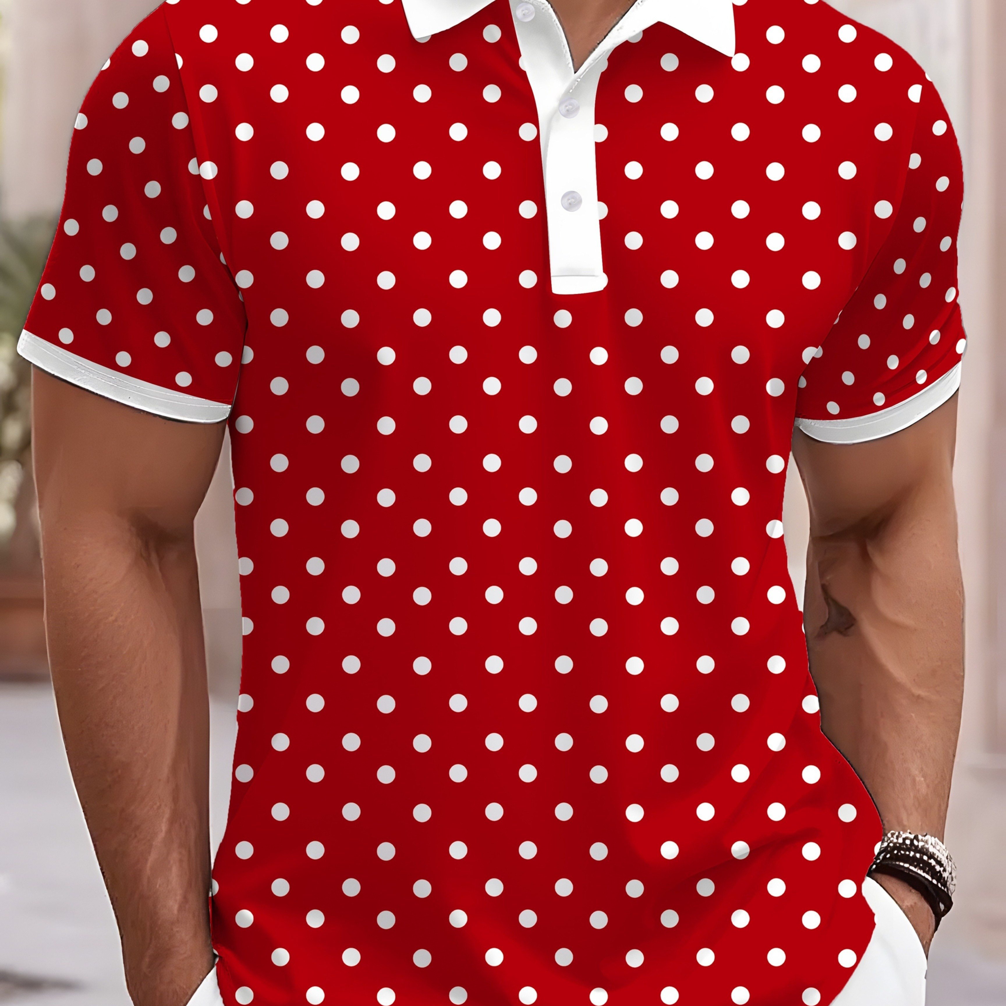 TEMU [print Design-not Texture] Men's Shirt, White Collar With White Cuffs, Red Base Full Print White Polka Dot Pattern, Retro Fresh , Breathable