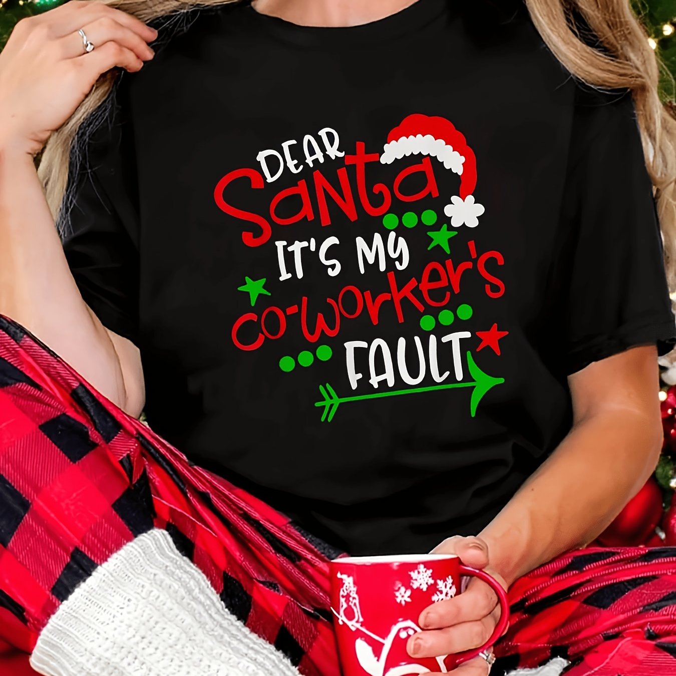 TEMU Women's Funny " 's Fault" Christmas T-shirt - Short Sleeve Round Neck Casual Top With Blameable Coworker Humor, Machine Washable Gift Suitable