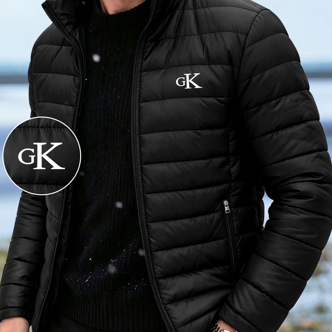 TEMU Men's Stand Collar Padded With Gk Letter Print, Warm Outerwear With Zipper Pockets, Durable Commuter Padded For In Autumn And Winter