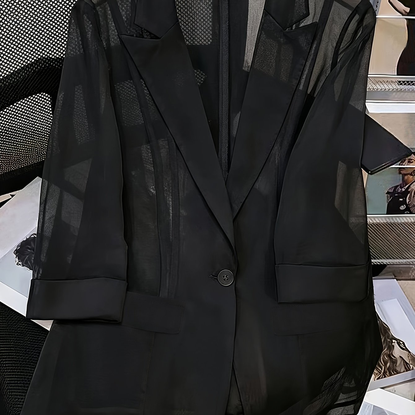 TEMU Plus Size Women' Color Easy Casual Three-quarter Sleeve Semi-sheer Jacket Top Shirt