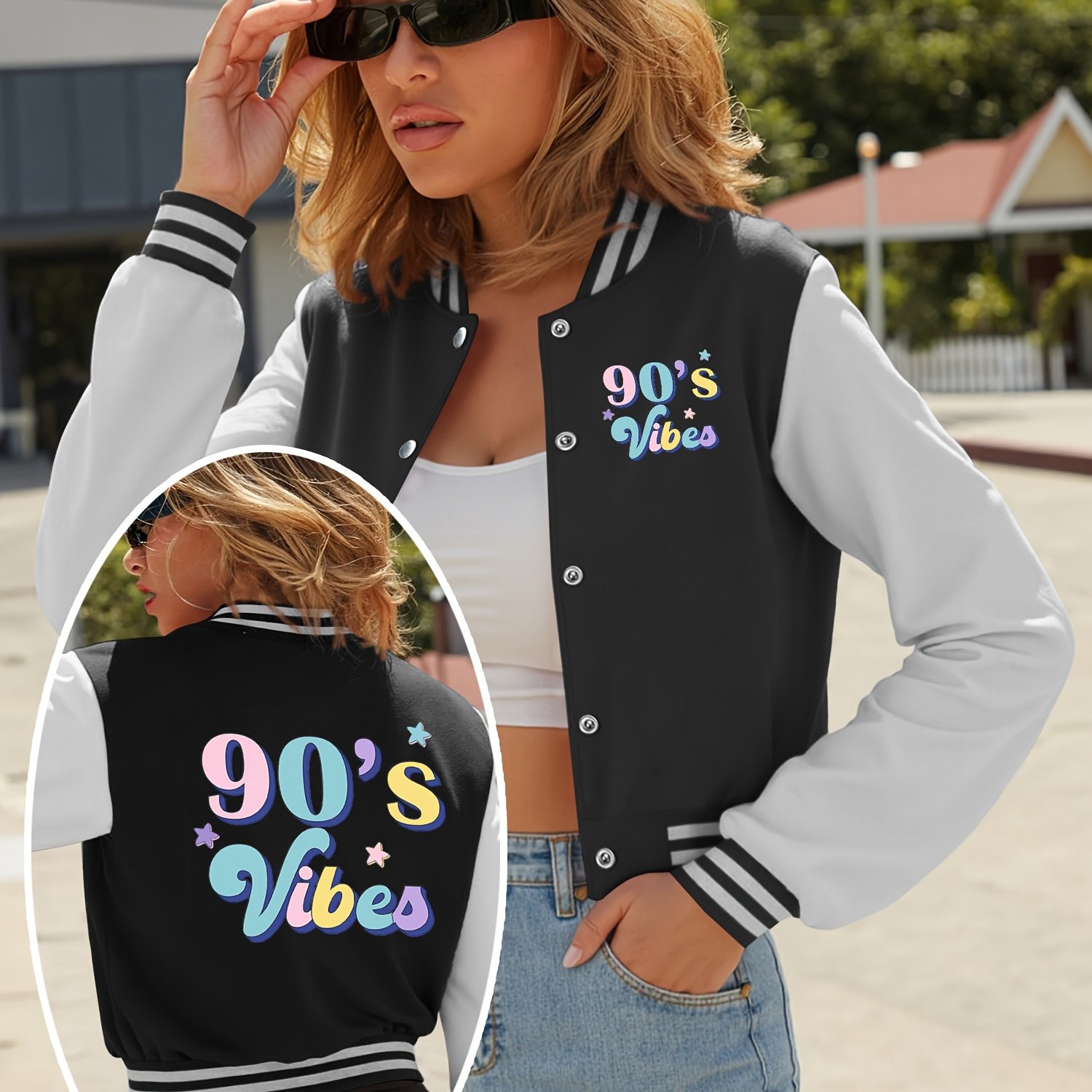 TEMU Unlock The Autumn And Winter Atmosphere! Women's Baseball Jacket With High Elasticity And No Tightness, Metal Buttons, Printed Embellishments,
