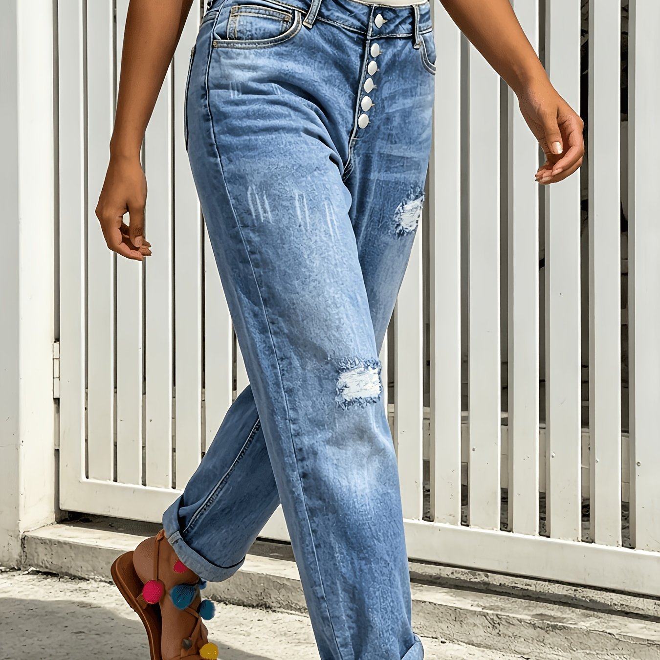 Women's Plus-size Mid-waisted Wide-leg Stretch Denim Pants - Vintage Gradient Blue Dad Jeans Suitable For Casual Streetwear, Wide-leg -line Trousers With Hem, Beltless & Machine Washable For - Wear