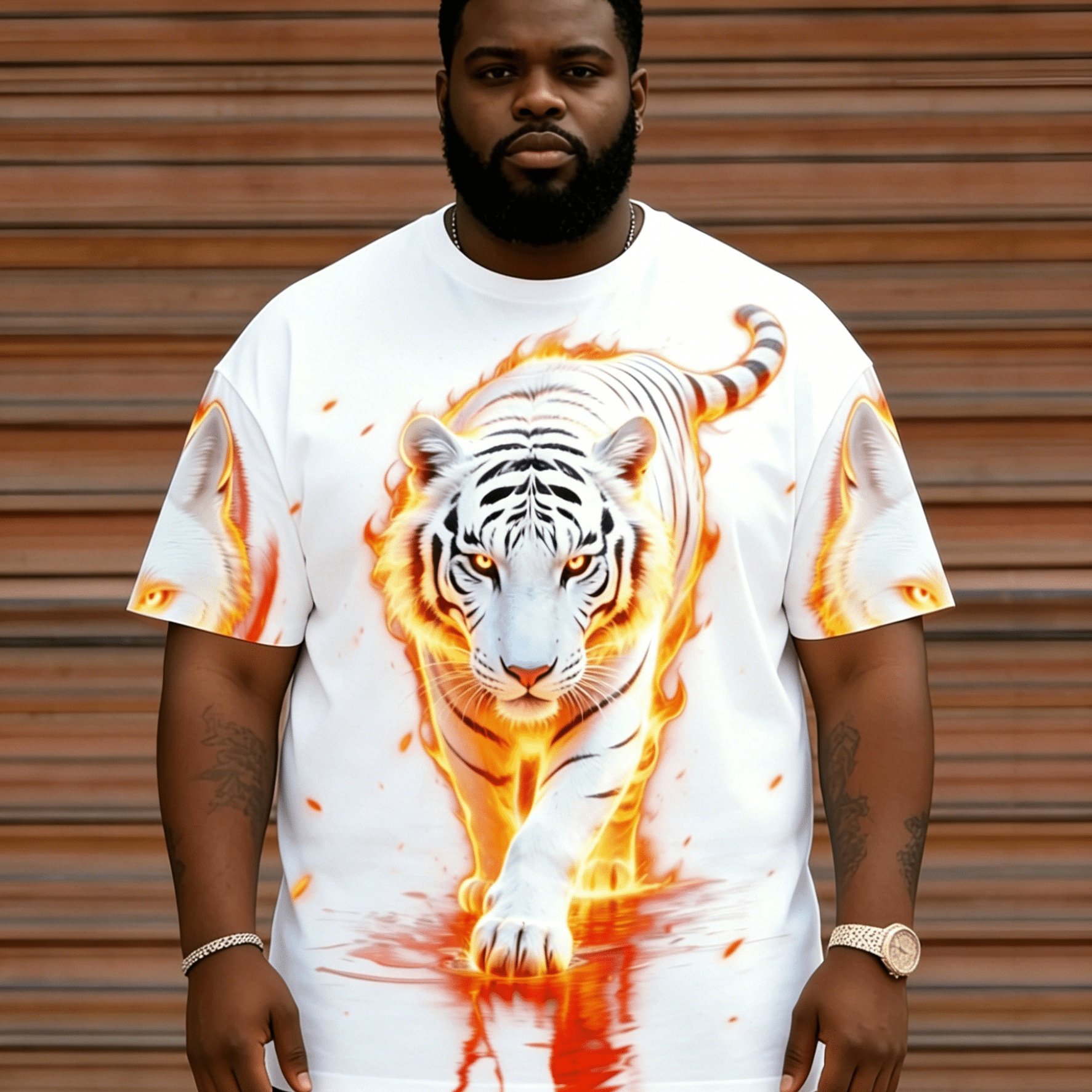 TEMU Men's Plus-size Short-sleeve T-shirt With A White Tiger Print, Perfect For Unleashing Your During Outdoor Activities, Plus Size