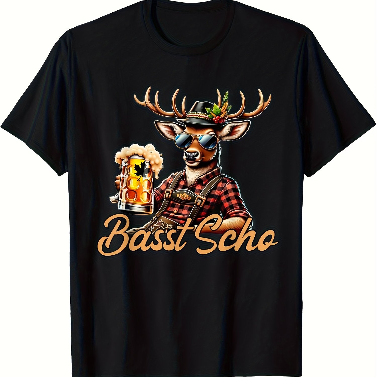 Image of Plus Size Basst Scho Bayern Men's Oktoberfest T-shirt - Funny Deer With Beer Mug & - Vintage Black Tee For Oktoberfest, German Beer Parties - Machine Washable Regula, Plus Size