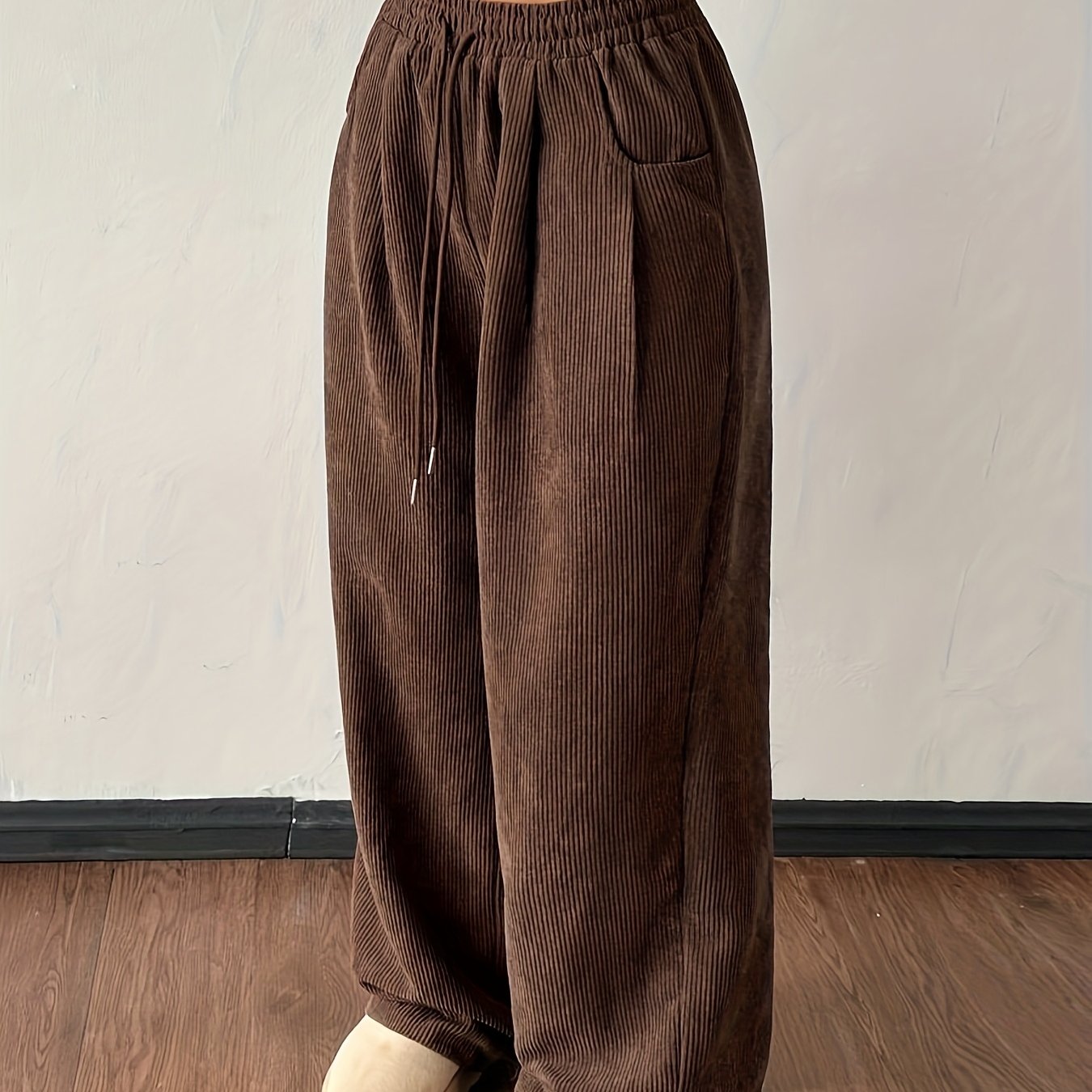 TEMU Pantalon Femme Vintage en Velours à Jambes Larges - Pantalon Droit Oversize avec Taille à Cordon Ajustable et Ceinture, Texture Douce en Velours