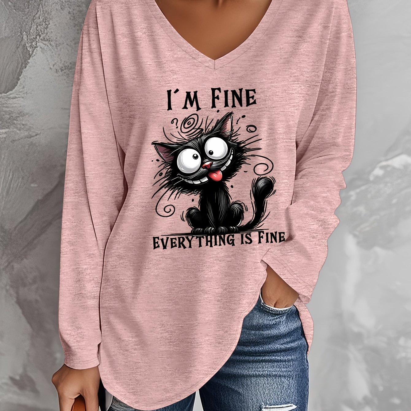 TEMU Plus Size, /summer -size Women's Casual V-neck Long Sleeve T-shirt With Letter Print, Rayon Blend - Soft, , Machine Washable, Loose , Suitable