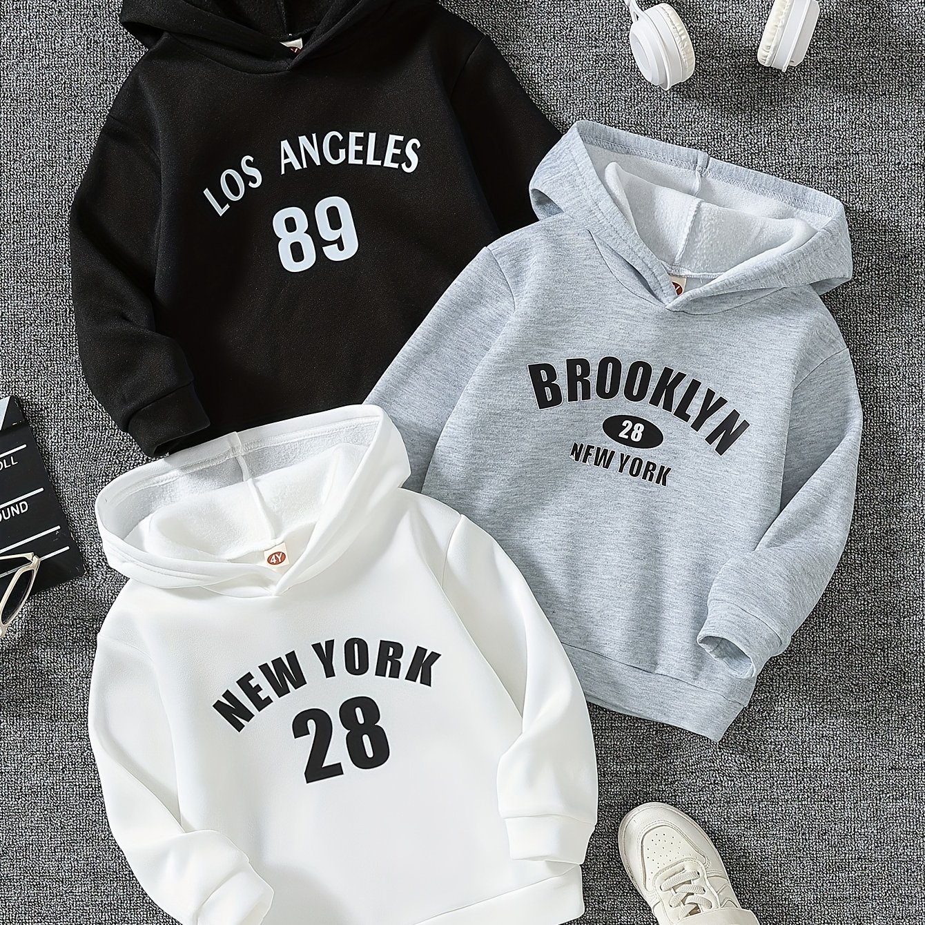 Image of Boys' Casual Autumn Winter Print Letter Number Trendy Fleece Warm Hooded Solid Color Versatile Sweatshirt 3pcs Set