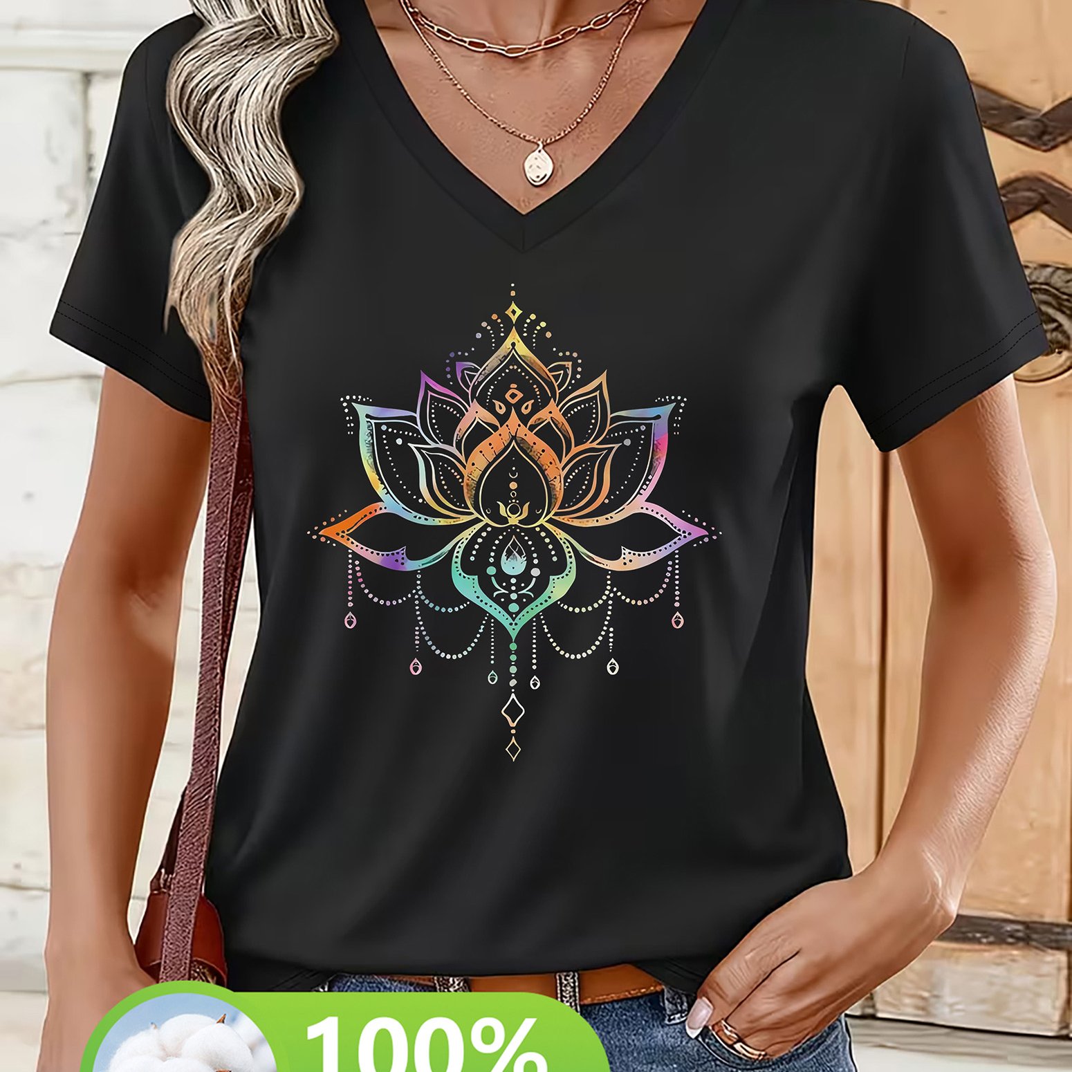 TEMU Women's Spring/summer Fashionable Casual 100% Short-sleeve V-neck T-shirt, Colorful Mandala For Lotus Print Tee, Comfortable And Breathable
