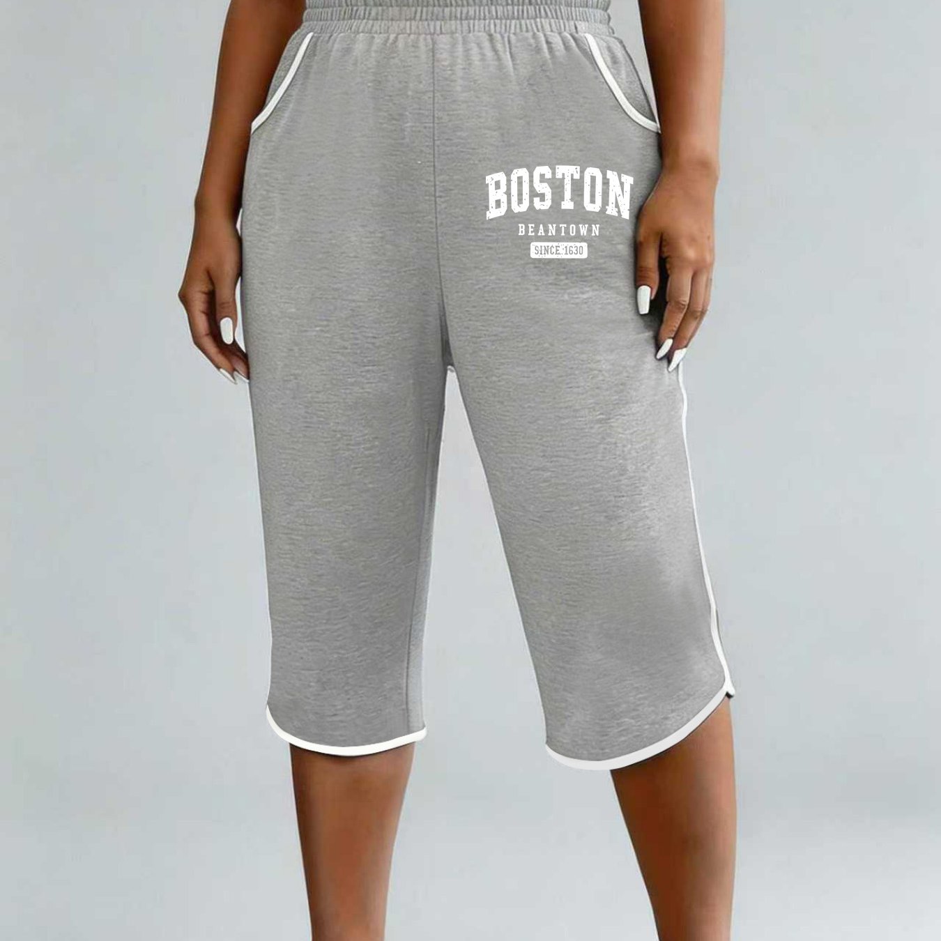 TEMU Plus Size - Plus Size - Elegant And Comfortable Women's Capri Pants With A Boston Print, Featuring Pockets And An Elastic Waistband, Perfect For