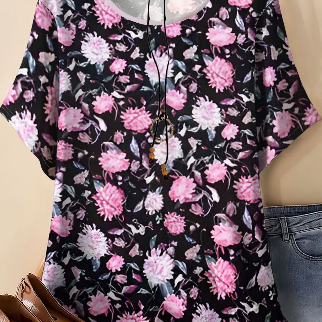 TEMU Women's Plus Size Oversized Short-sleeve Blouse - Loose Fit Full-body Floral Print Smock Top, Round Neck Summer Casual & Office Wear Cover-up,