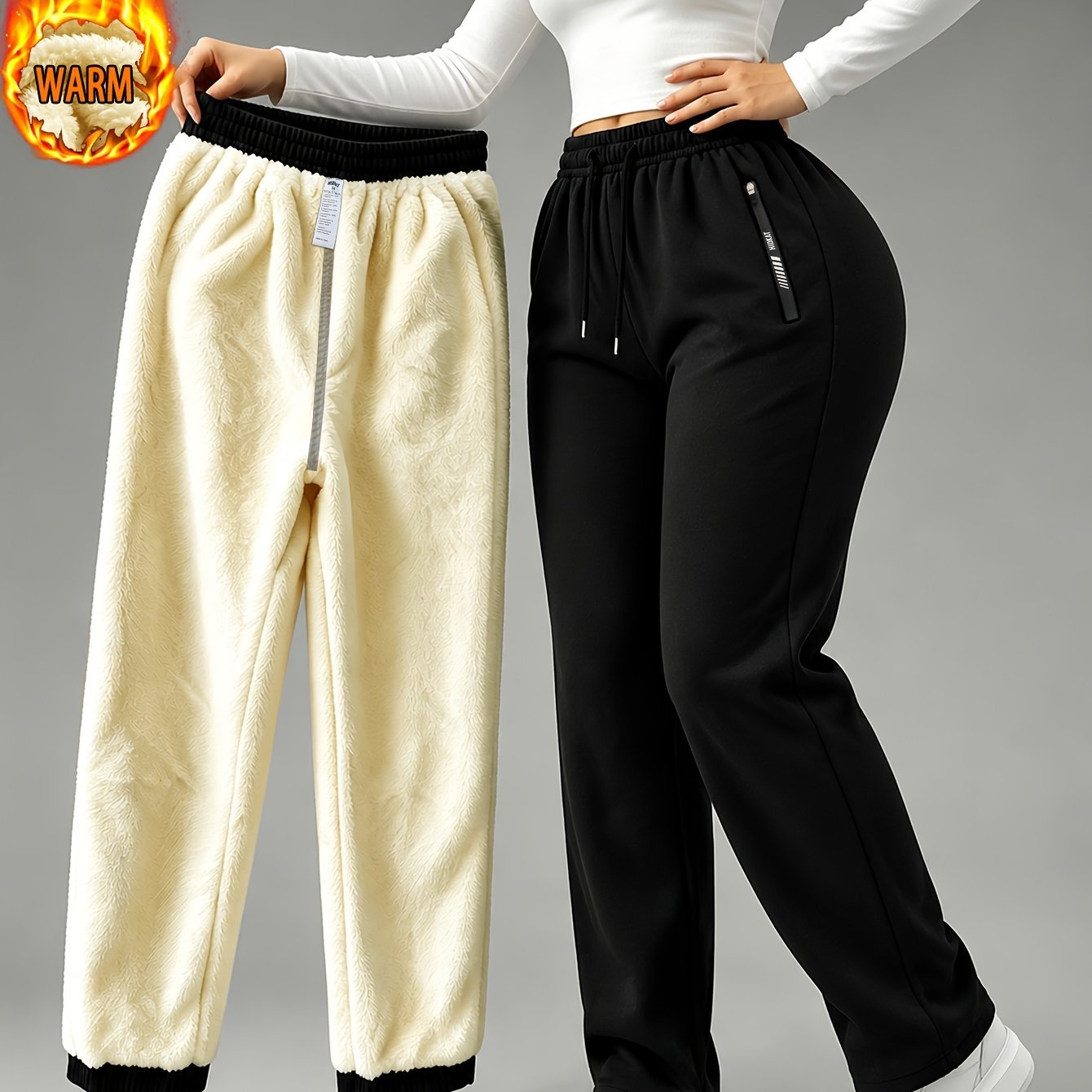 TEMU Pantalon Femme Automne/Hiver Épaissi Doublé Polaire à Jambe Droite, Ceinture Élastique Extensible, Pantalon de Jogging Sport Décontracté Long à