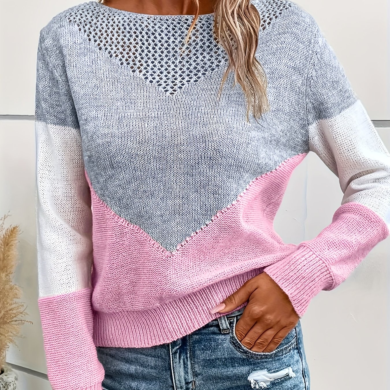 Plus Size - Plus Size - Fall/winter Leisure Commuter I-neck Contrast Color Pullover Plus Size Sweater