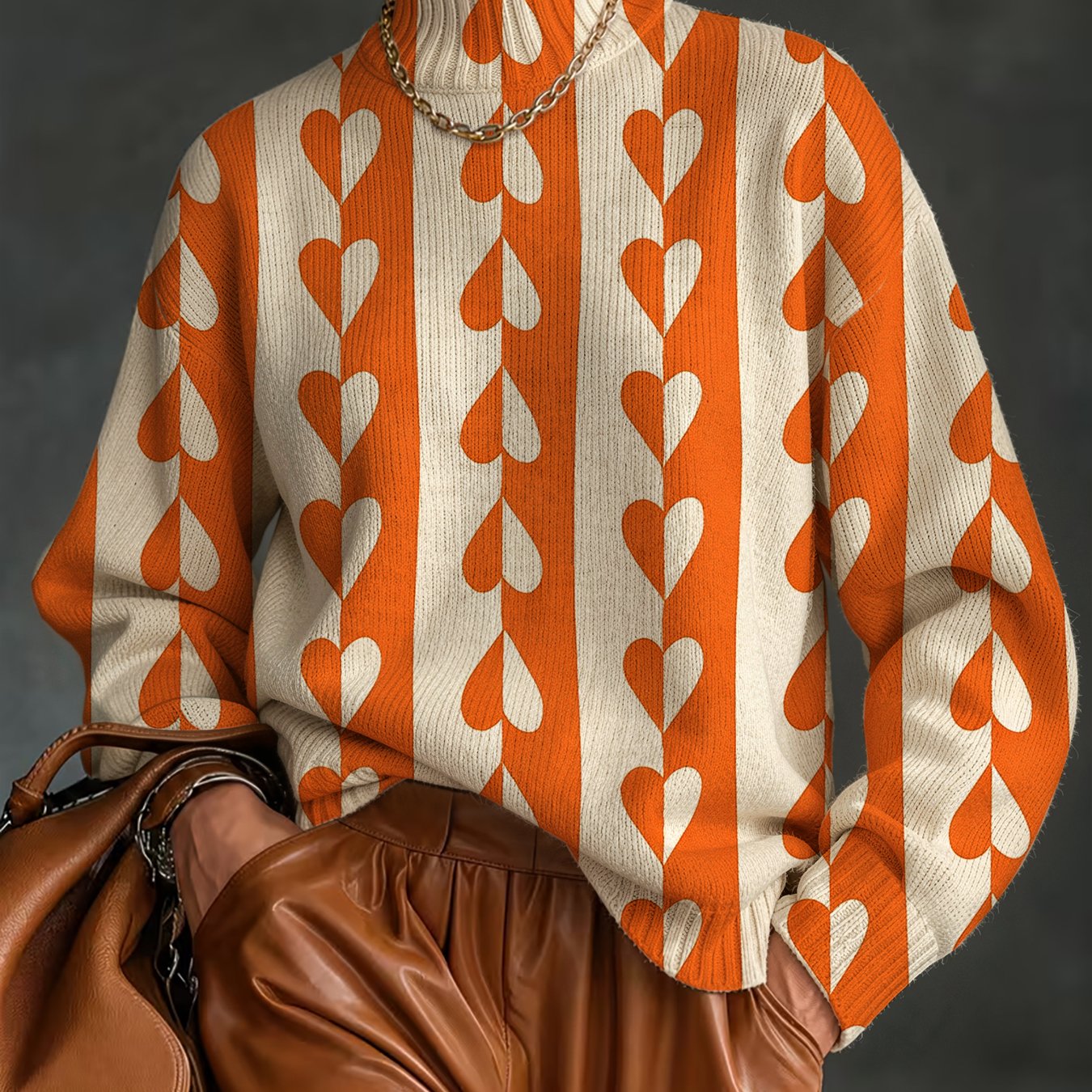 TEMU Trendy Women's Beautiful Striped Heart Print Sweater, Autumn Winter Chimney Neck Warm Long Sleeve Sweater, Elegant And Versatile Pullover,