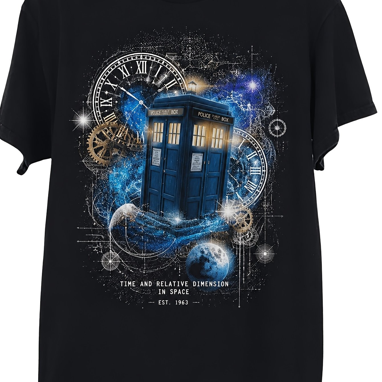 Image of Men's T-shirt Men's Graphic T-shirt With Blue Police Box, Time Clock & Gear Space Art, Casual Urban Style, Ideal For Daily Wear, Travel And Weekend Outfit Plus Size